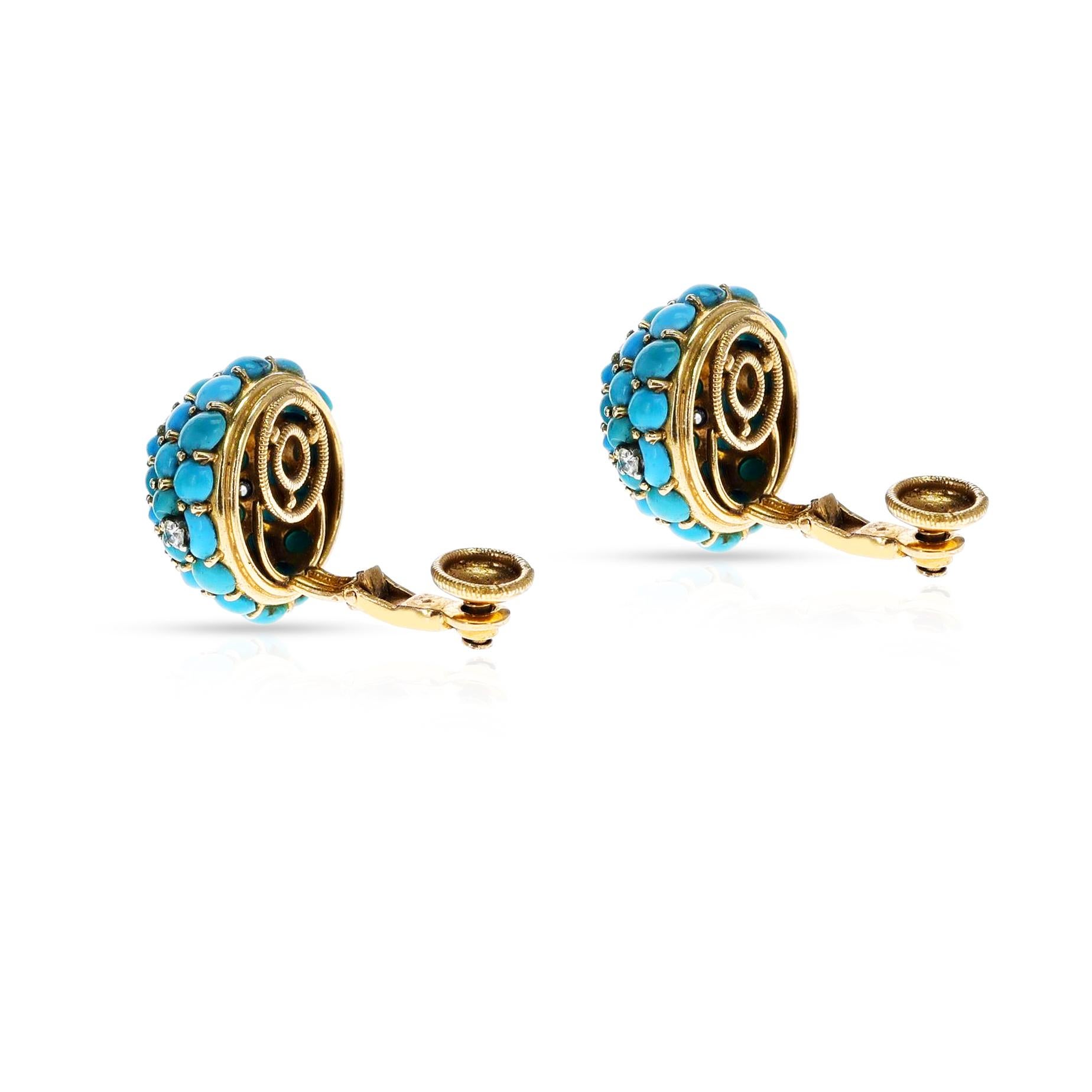 Women's or Men's Round Turquoise, Sapphire and Diamond Earrings, 18k Yellow For Sale