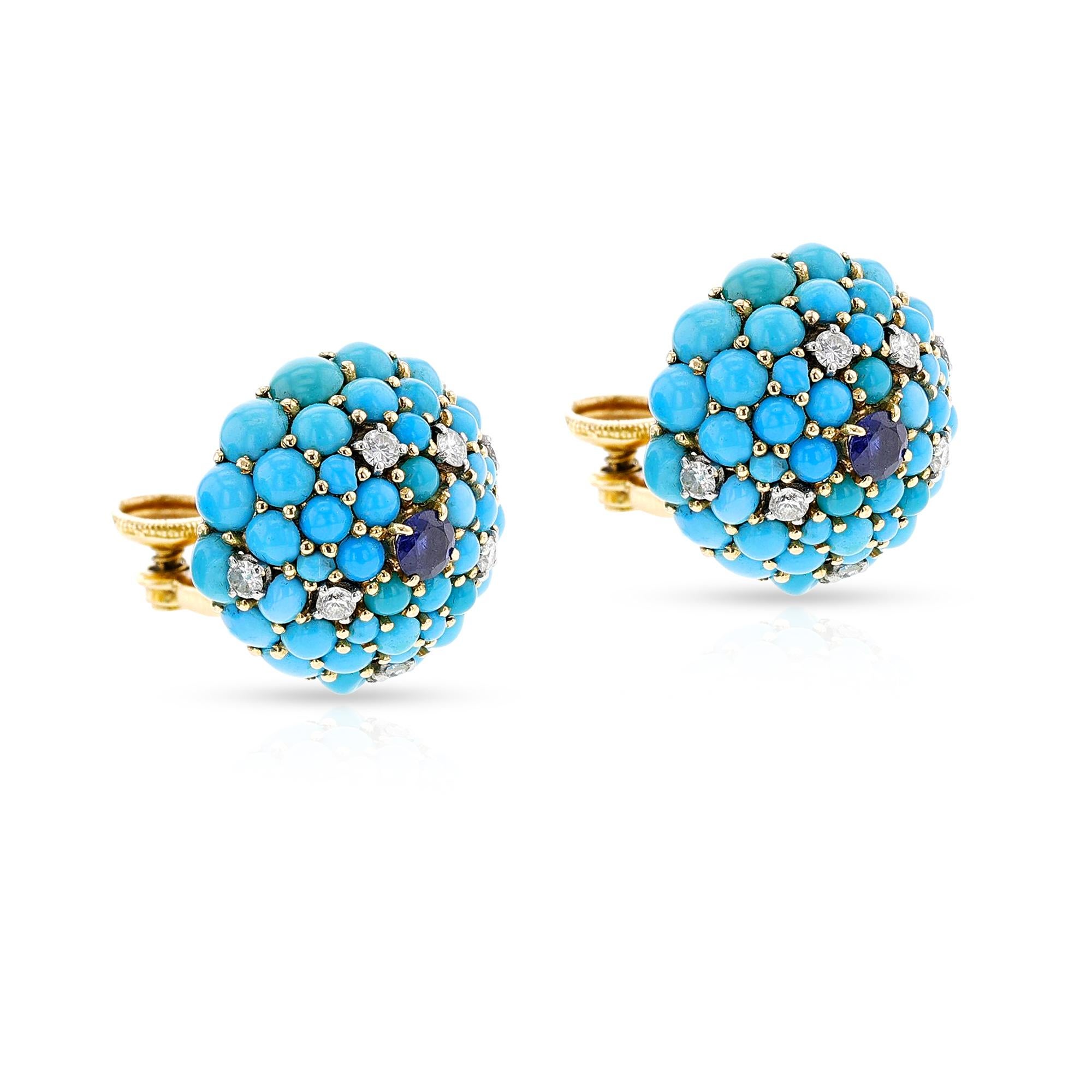 Round Turquoise, Sapphire and Diamond Earrings, 18k Yellow For Sale 1