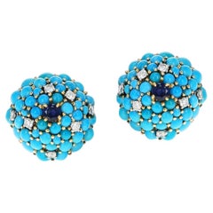 Round Turquoise, Sapphire and Diamond Earrings, 18k Yellow