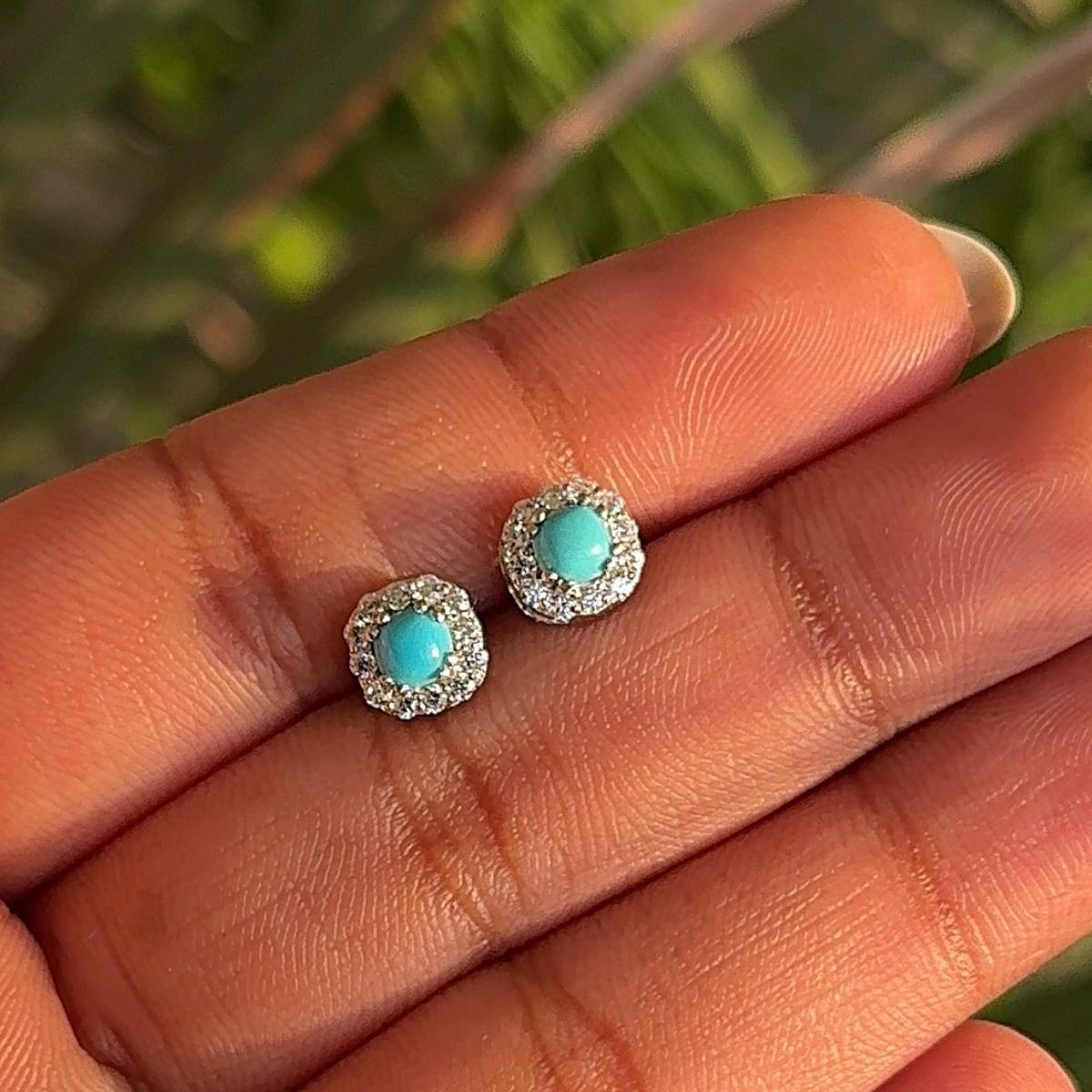 Round Turquoise with Zircon Halo Everyday Stud Earrings for Her in Silver For Sale 5