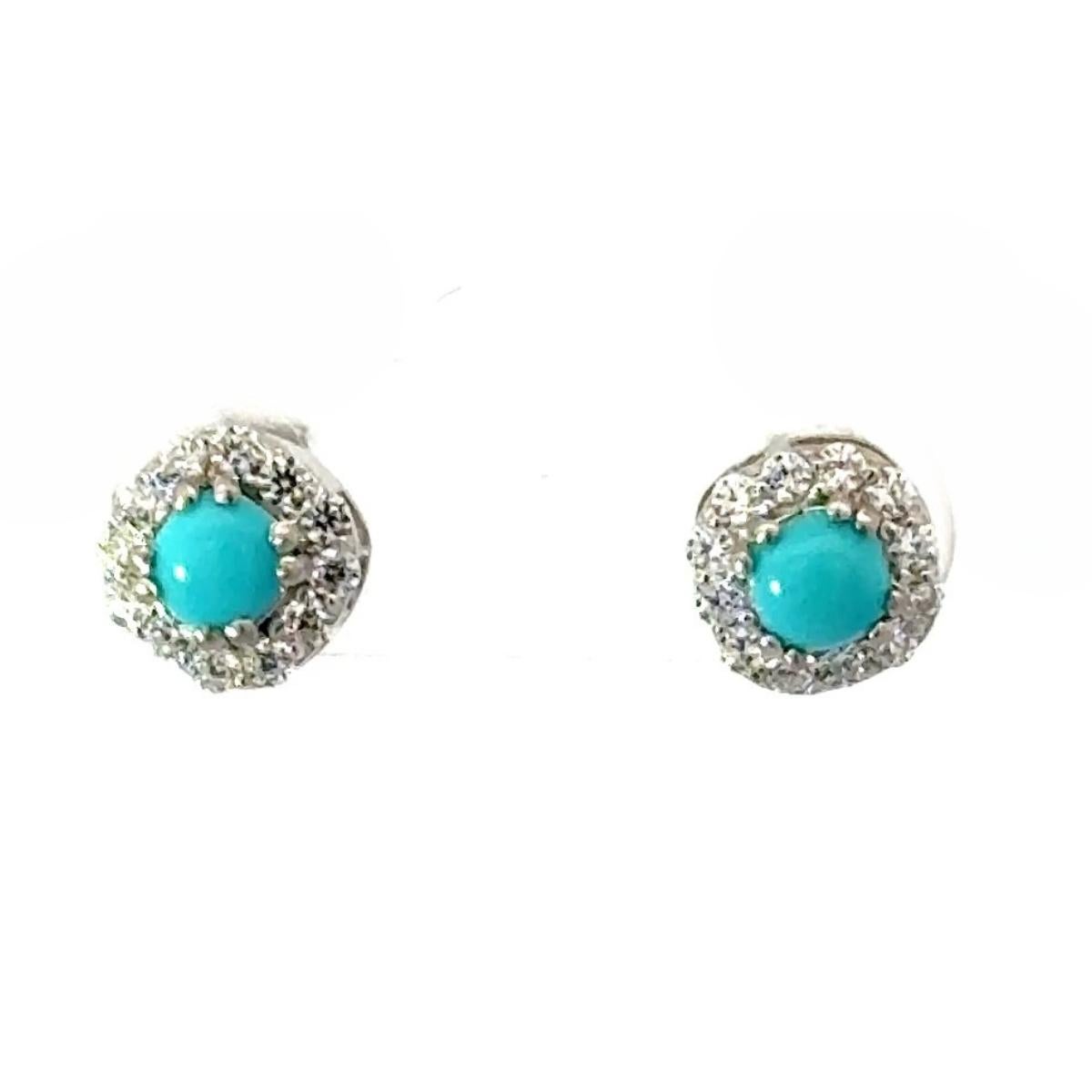 Art Nouveau Round Turquoise with Zircon Halo Everyday Stud Earrings for Her in Silver For Sale