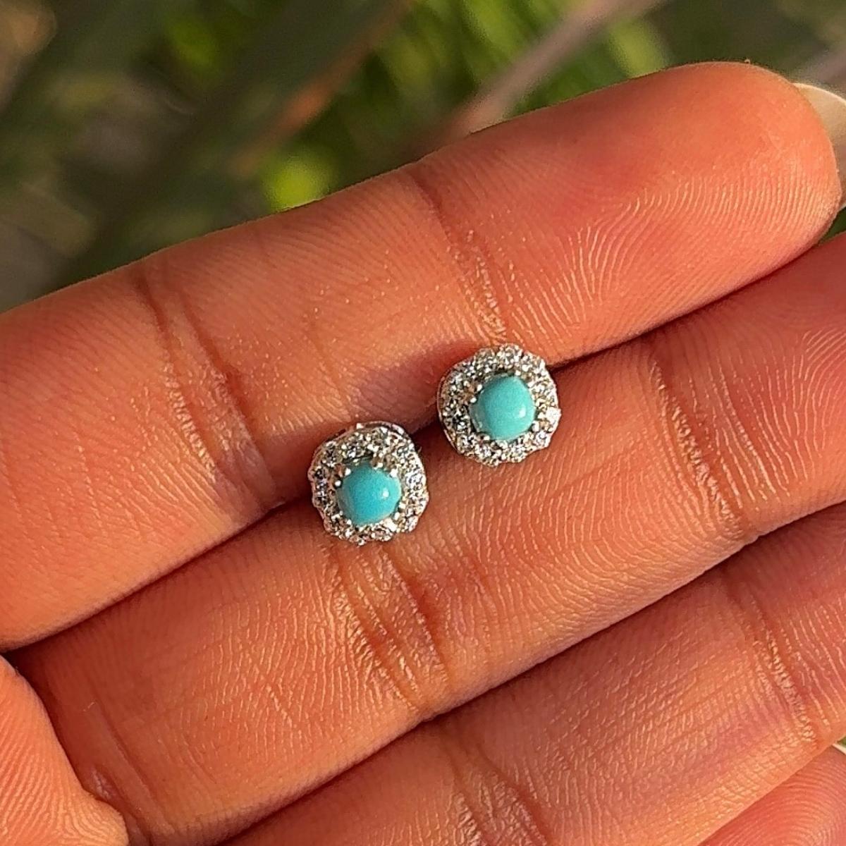 Round Cut Round Turquoise with Zircon Halo Everyday Stud Earrings for Her in Silver For Sale