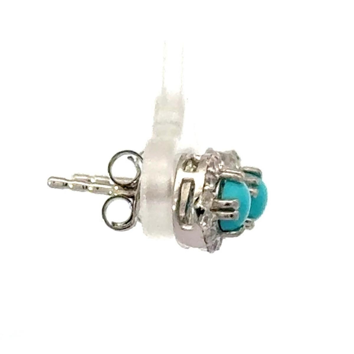 Round Turquoise with Zircon Halo Everyday Stud Earrings for Her in Silver In New Condition For Sale In New York, NY
