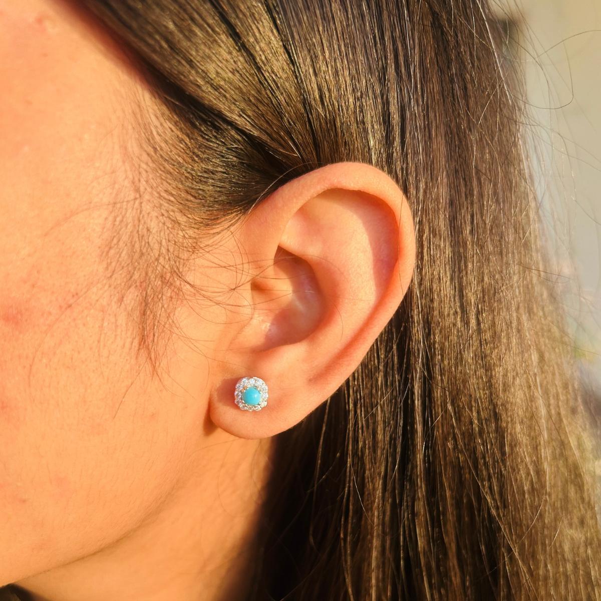 Women's Round Turquoise with Zircon Halo Everyday Stud Earrings for Her in Silver For Sale