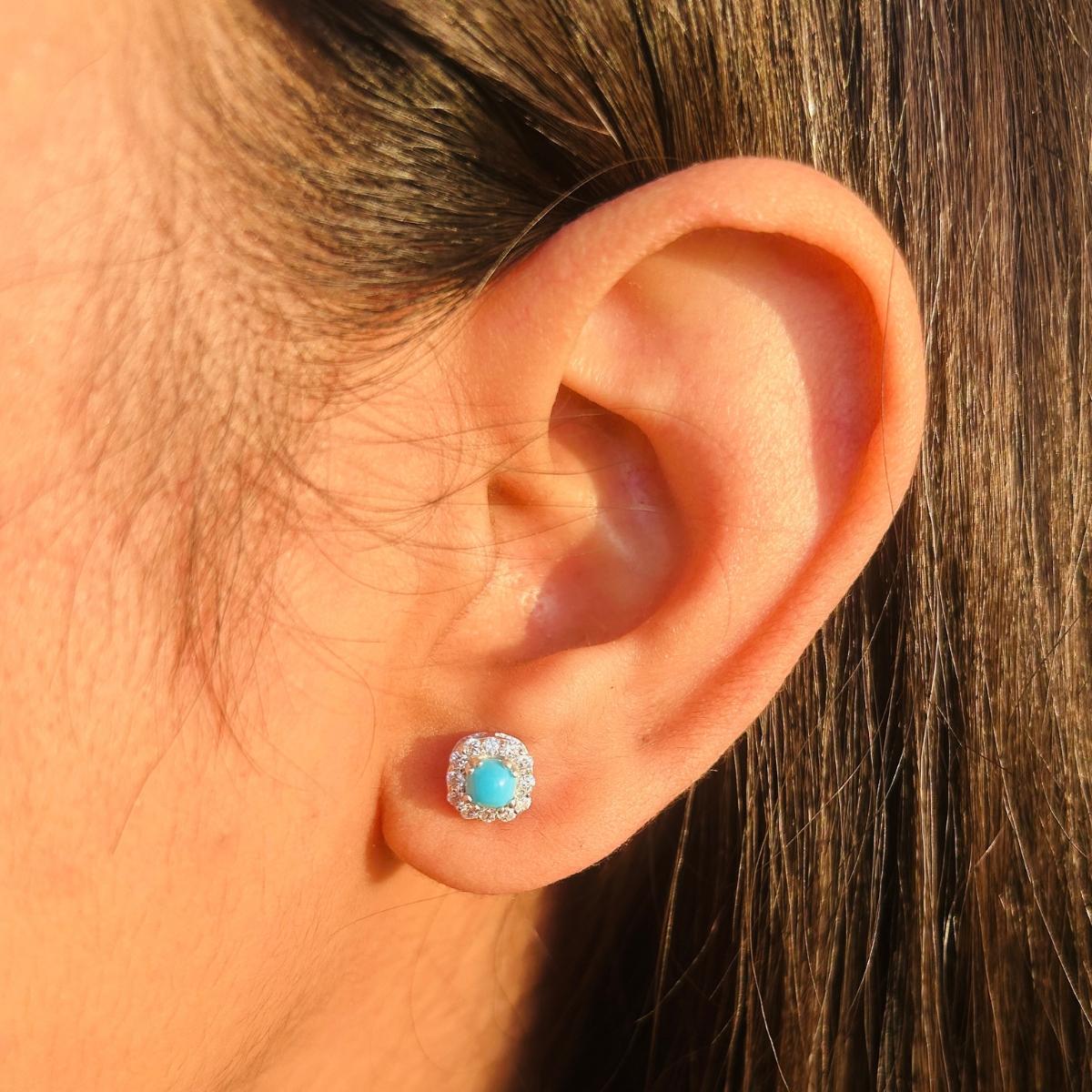 Round Turquoise with Zircon Halo Everyday Stud Earrings for Her in Silver For Sale 3