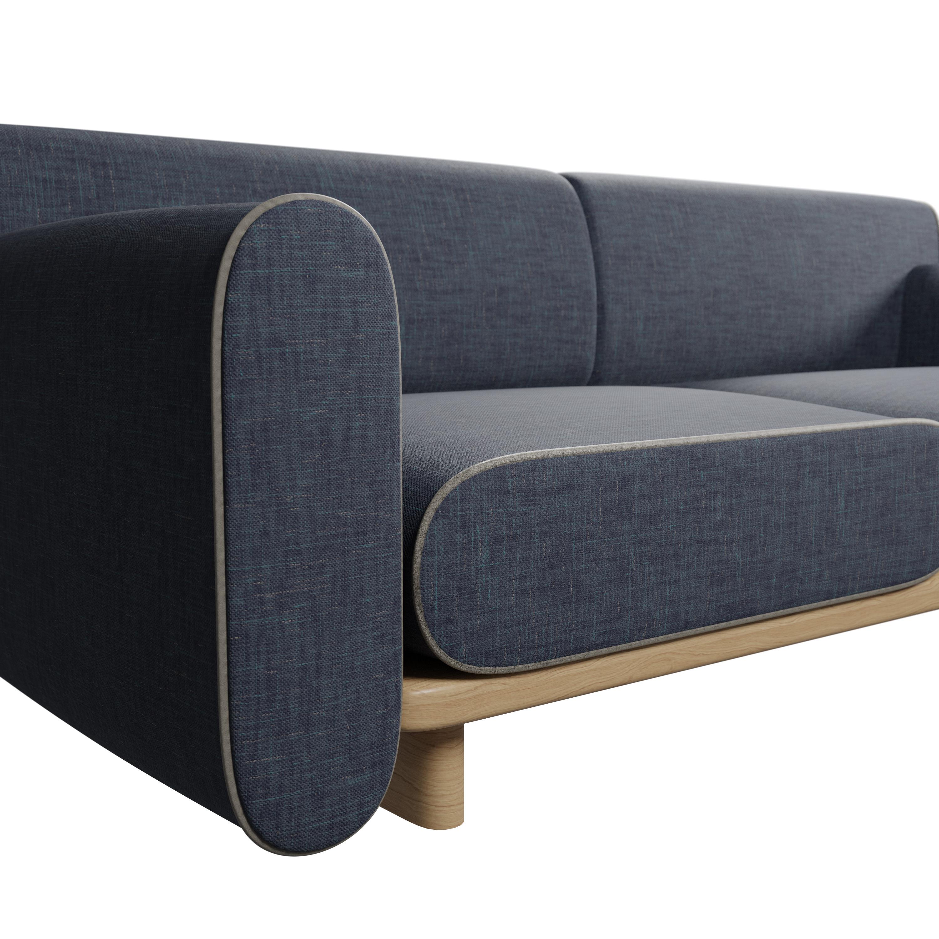 Portuguese Round two-seater sofa Tilda with Denim plain fabric handcrafted by Murmurio For Sale