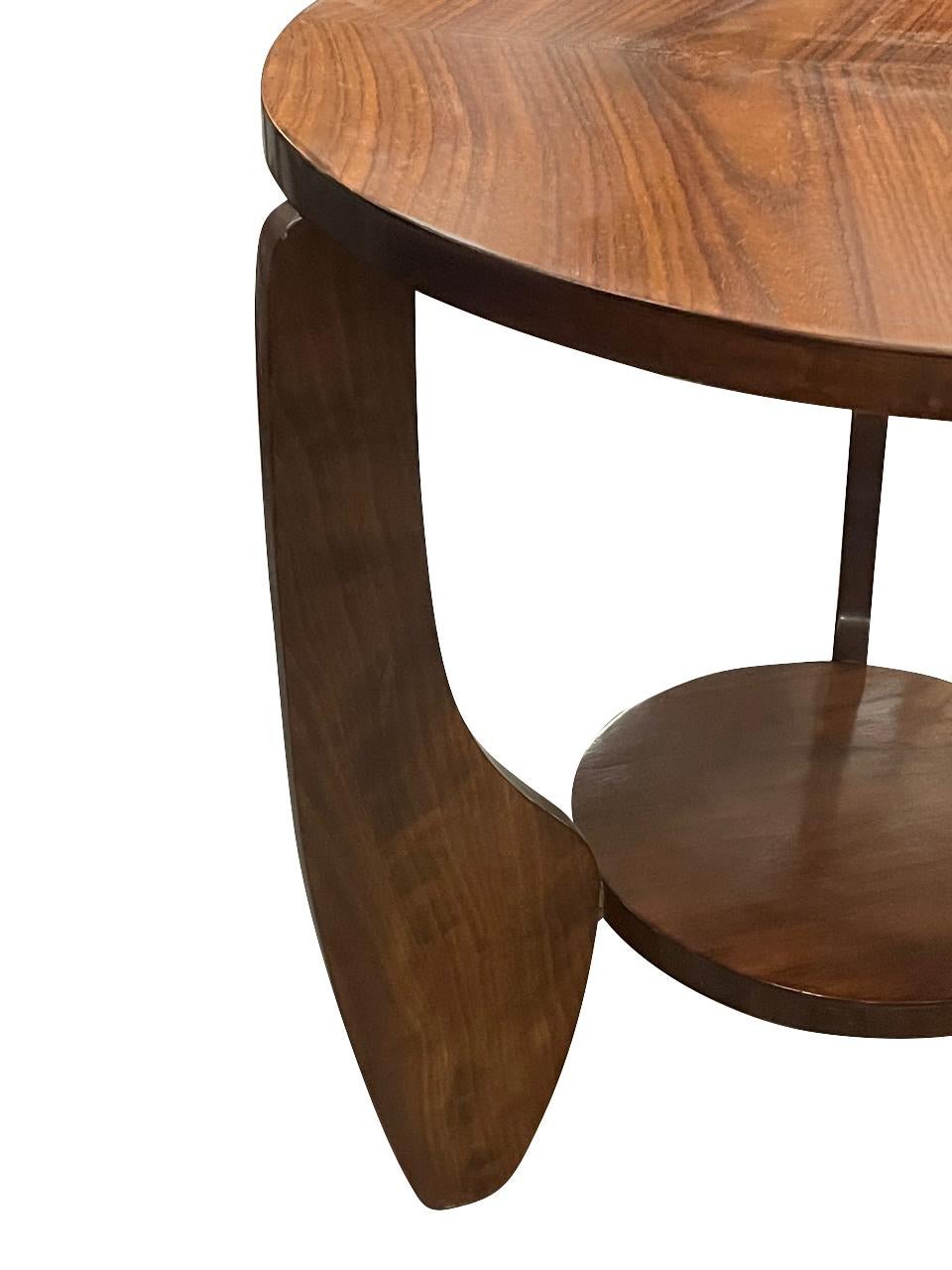 Italian Round Two Tiered Paddle Shaped Legs Walnut Side Table, Italy, Mid Century For Sale