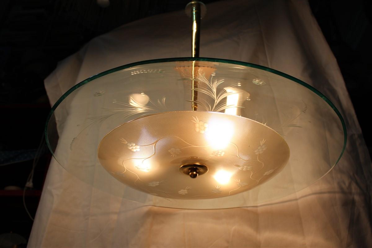 Lustre rond Ufo du milieu du siècle dernier Cristal Arte Design italien en verre incurvé et laiton Bon état - En vente à Palermo, Sicily