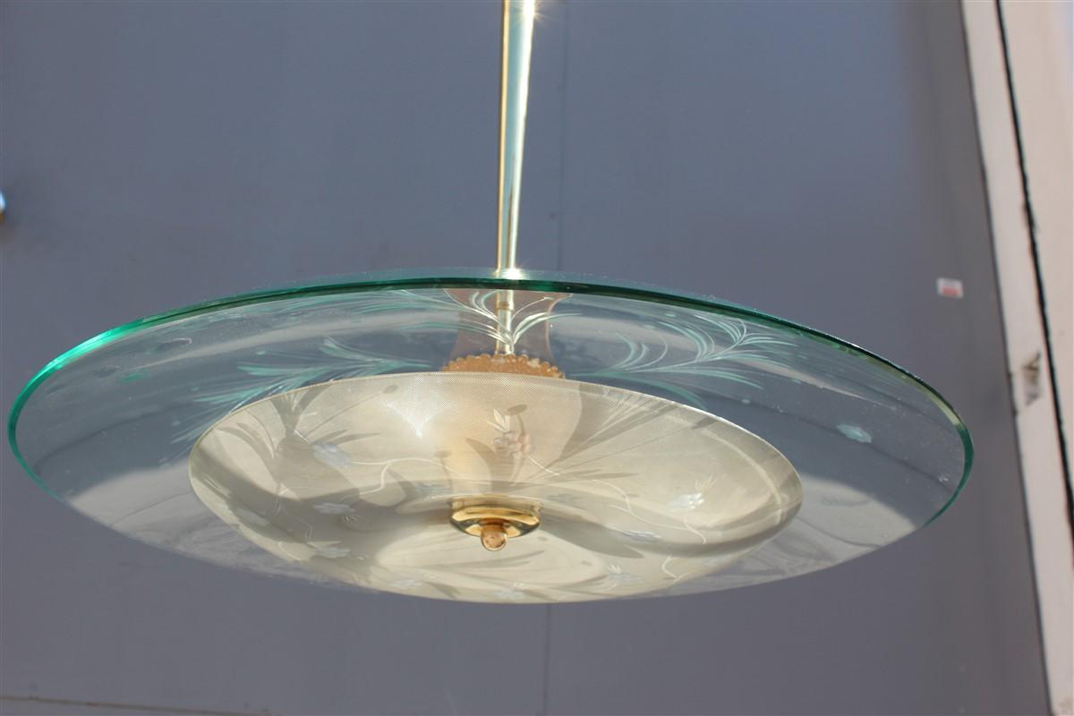 Round Ufo Midcentury Chandelier Cristal Arte Italian Design Curved Glass Brass For Sale 3
