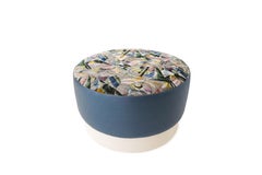 Round Upholstered Ottoman with Lacquered Base Customizable