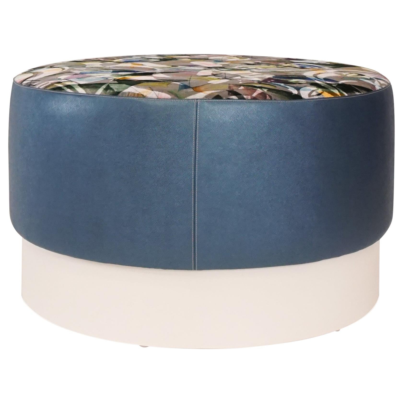 Round Upholstered Ottoman with Lacquered Base Customizable For Sale