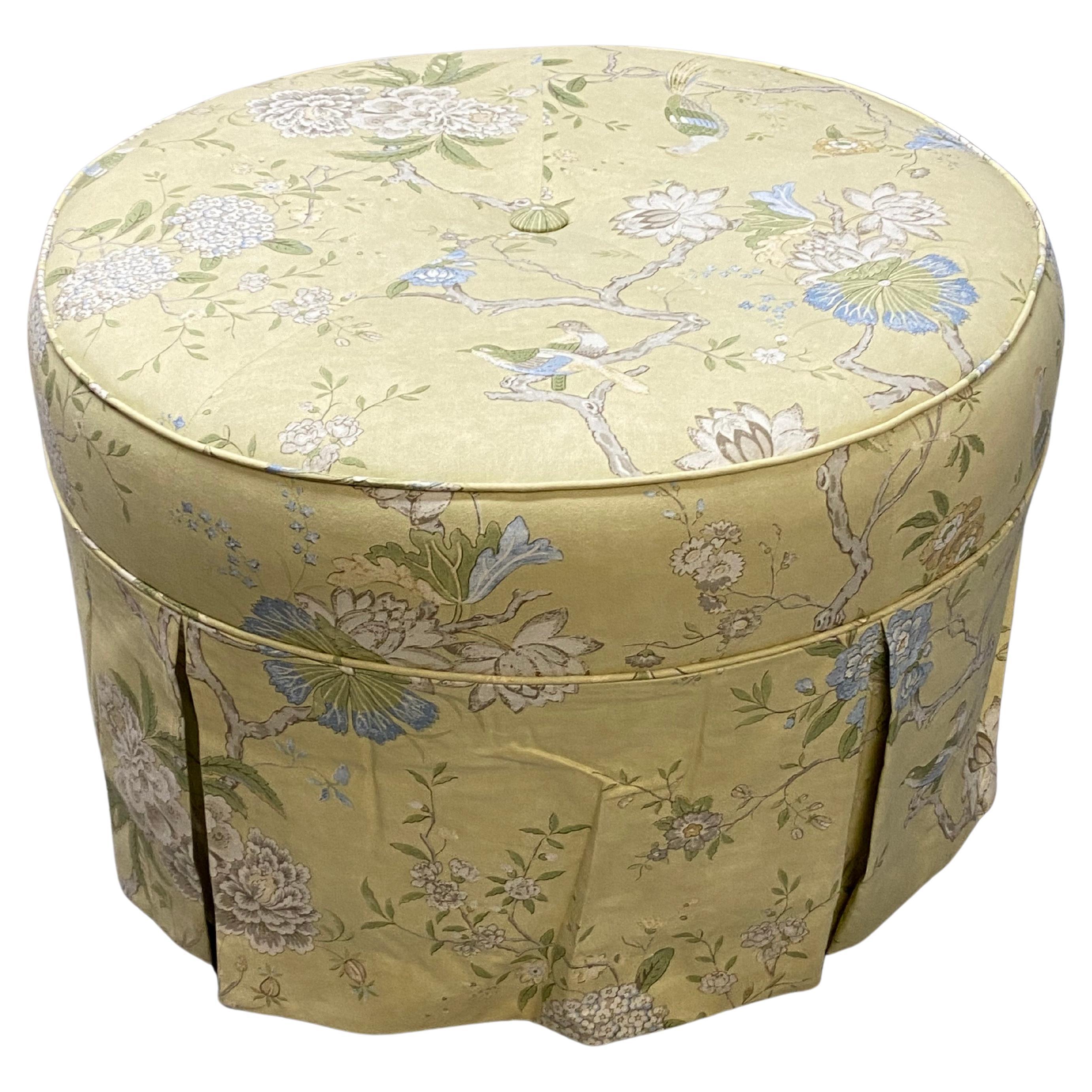 Round Upholstered Pouf Ottoman in Yellow Chinoiserie Cotton Fabric For Sale
