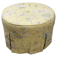 Vintage Round Upholstered Pouf Ottoman in Yellow Chinoiserie Cotton Fabric