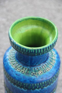 Round Vase Bitossi Blue Cobalt Engravings Carved Green 1960 Italian Design