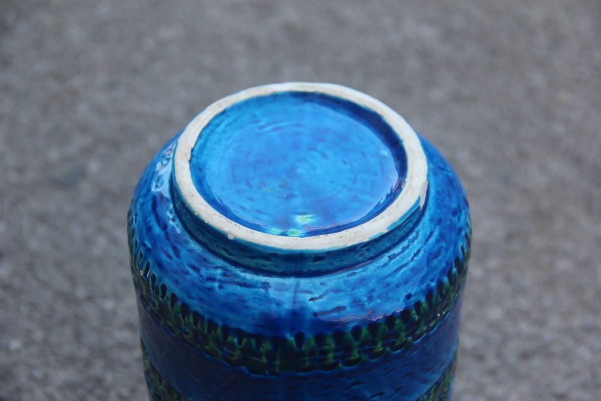 Round Vase Bitossi Blue Cobalt Engravings Carved Green 1960 Italian Design In Good Condition In Palermo, Sicily