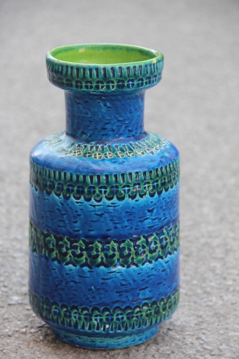 Mid-20th Century Round Vase Bitossi Blue Cobalt Engravings Carved Green 1960 Italian Design
