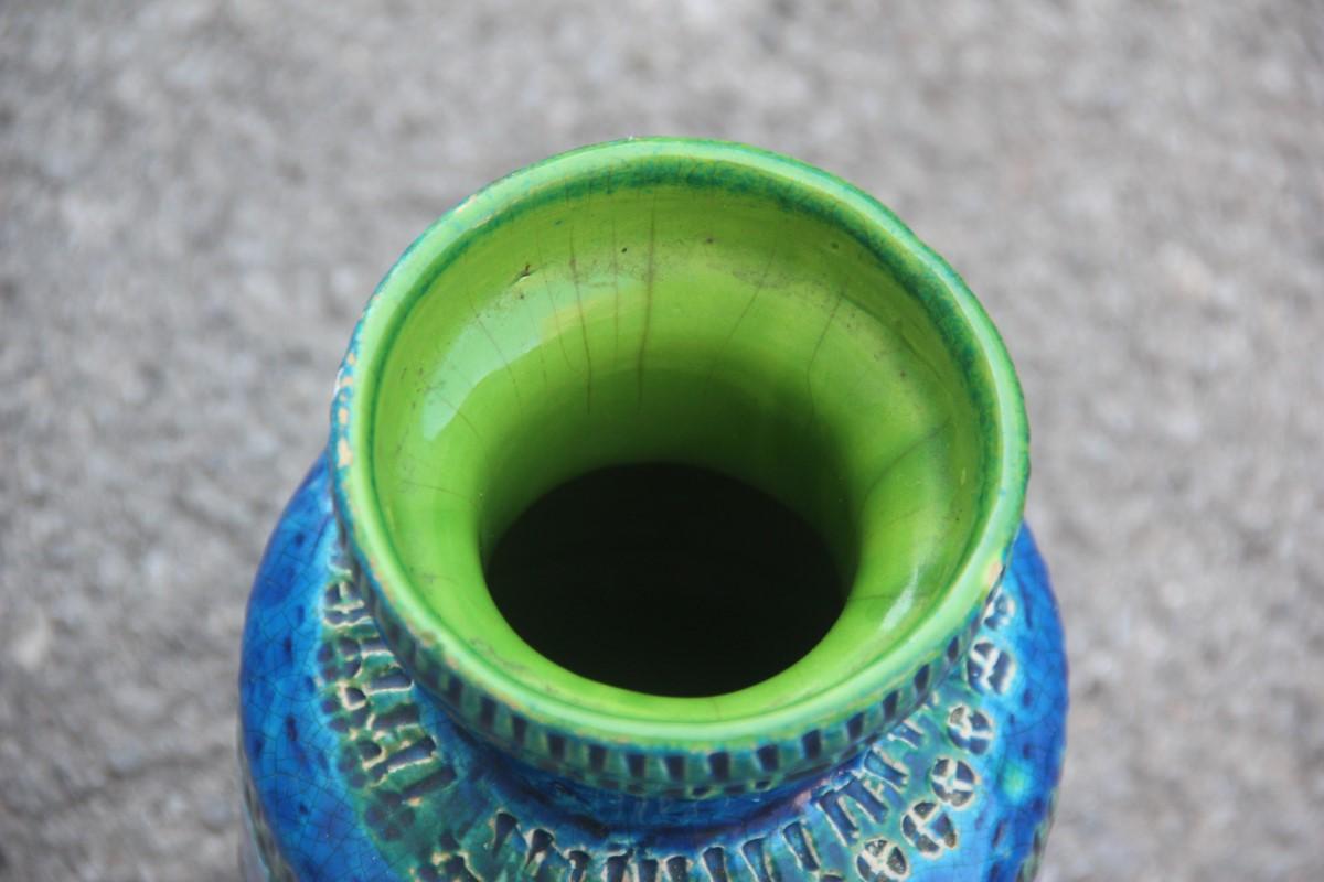 Ceramic Round Vase Bitossi Blue Cobalt Engravings Carved Green 1960 Italian Design
