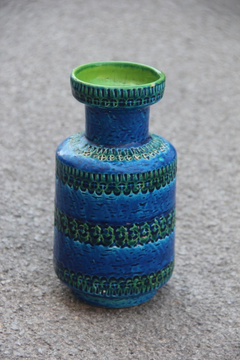 Round Vase Bitossi Blue Cobalt Engravings Carved Green 1960 Italian Design 1