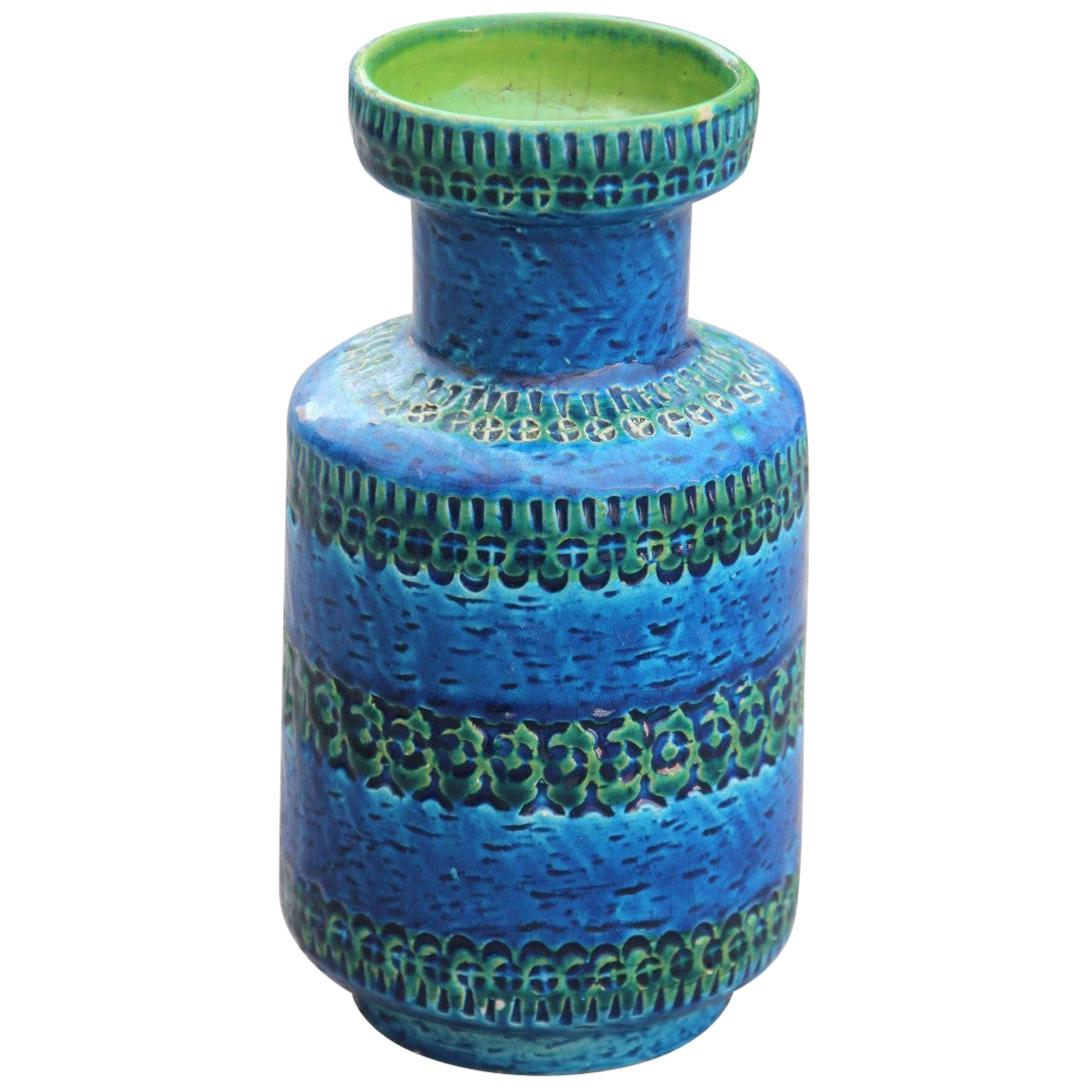 Round Vase Bitossi Blue Cobalt Engravings Carved Green 1960 Italian Design