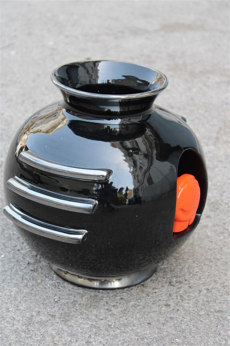 Round Vase Ceramic Art Deco Italian Design Deruta Black Orange Elephant Silver In Good Condition In Palermo, Sicily