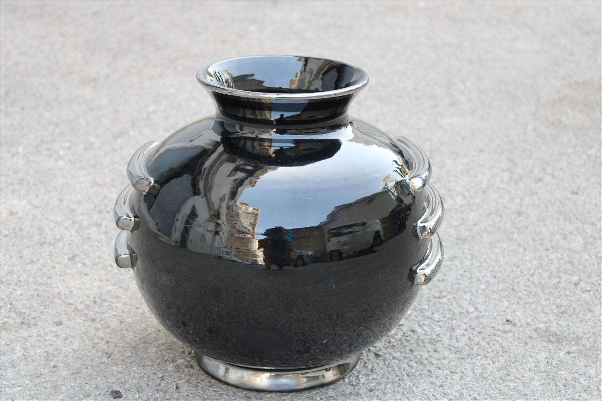 Round Vase Ceramic Art Deco Italian Design Deruta Black Orange Elephant Silver 2
