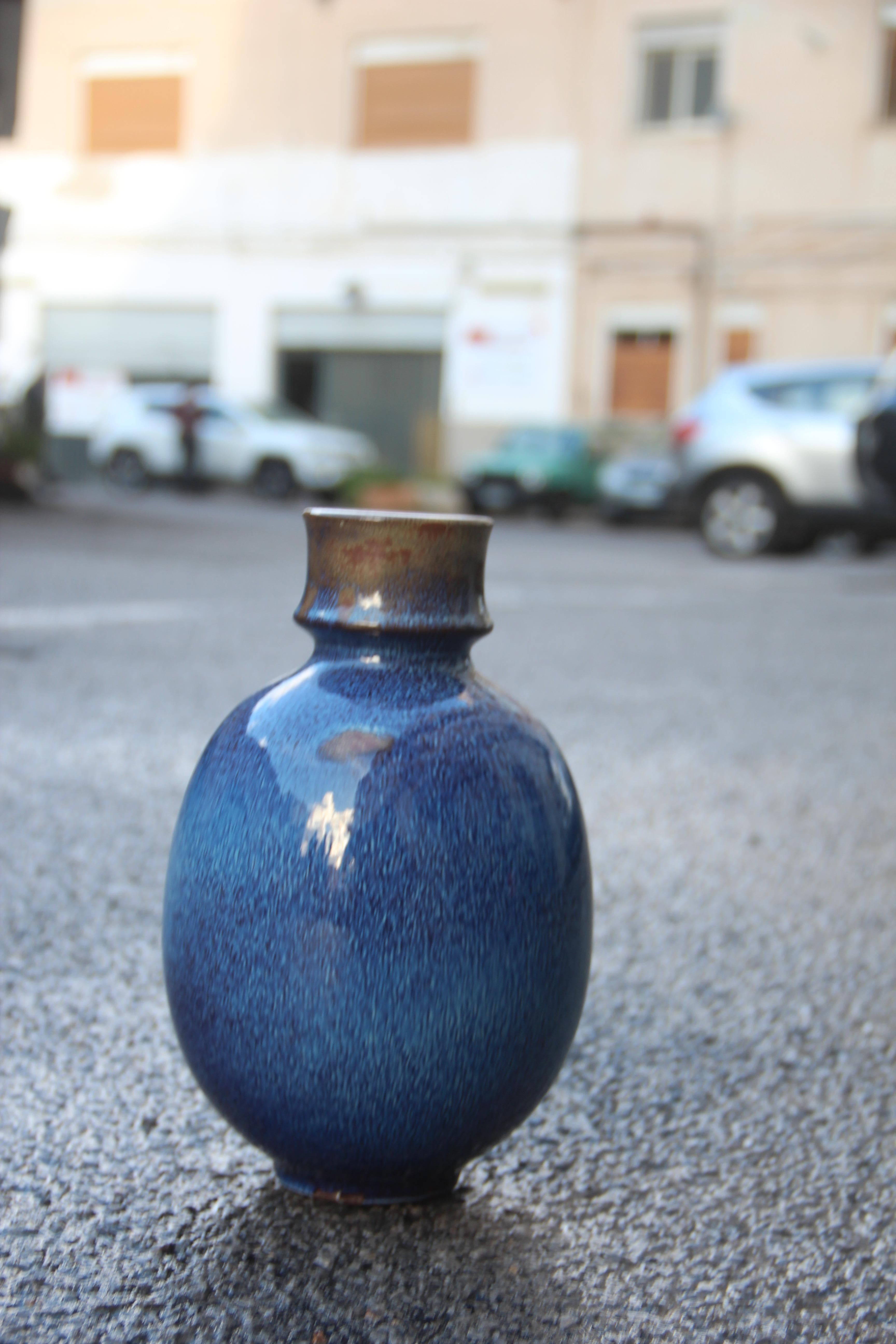Mid-Century Modern Round Vase Ceramic Blue Color Ernestine Italian Design, 1960s For Sale