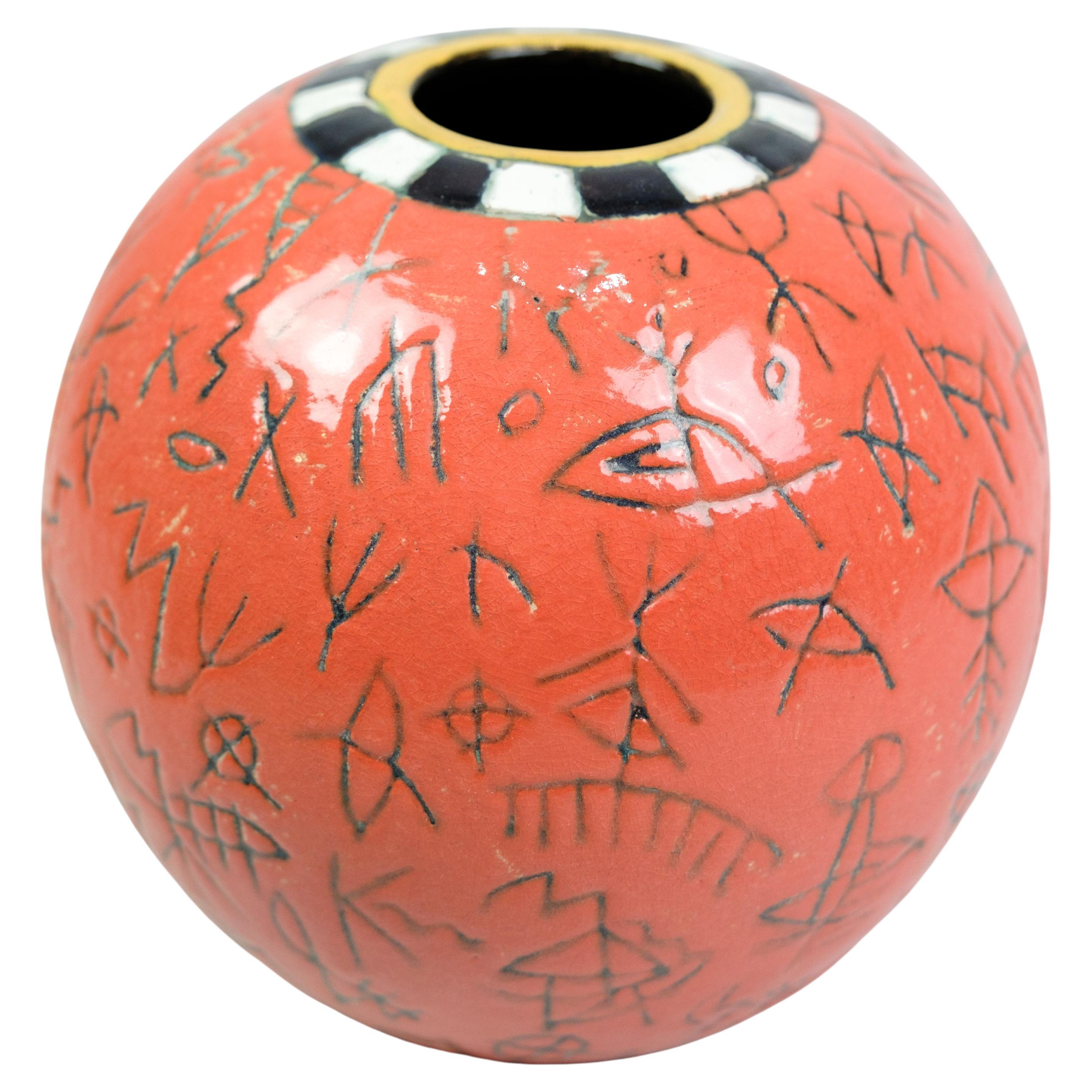 Runde Vase mit orangefarbener Glasur, entworfen von Lene Regius aus den 1990er Jahren im Angebot
