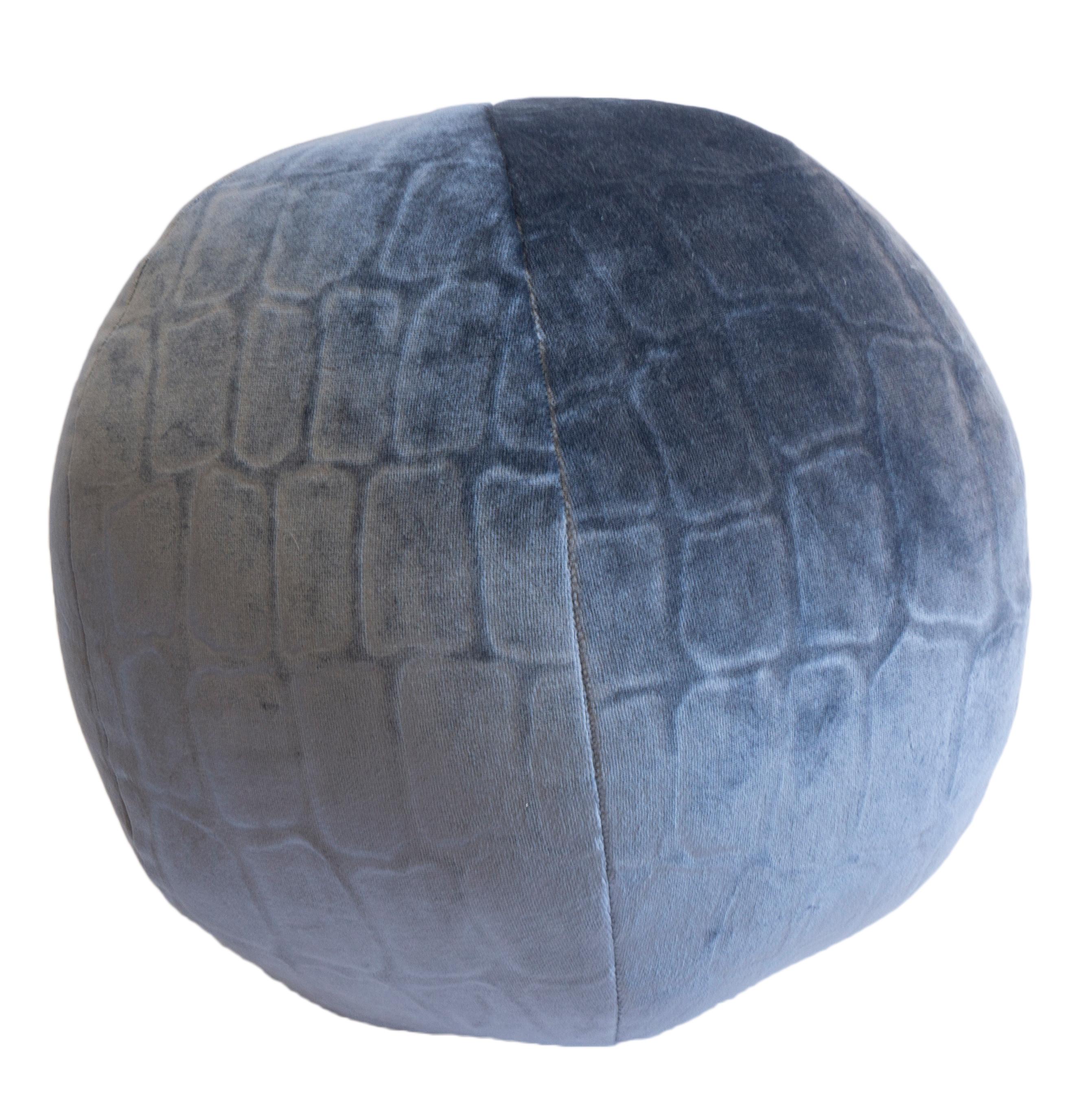 Modern Round Velvet Ball Pillow Blue Embossed Caiman Velvet For Sale