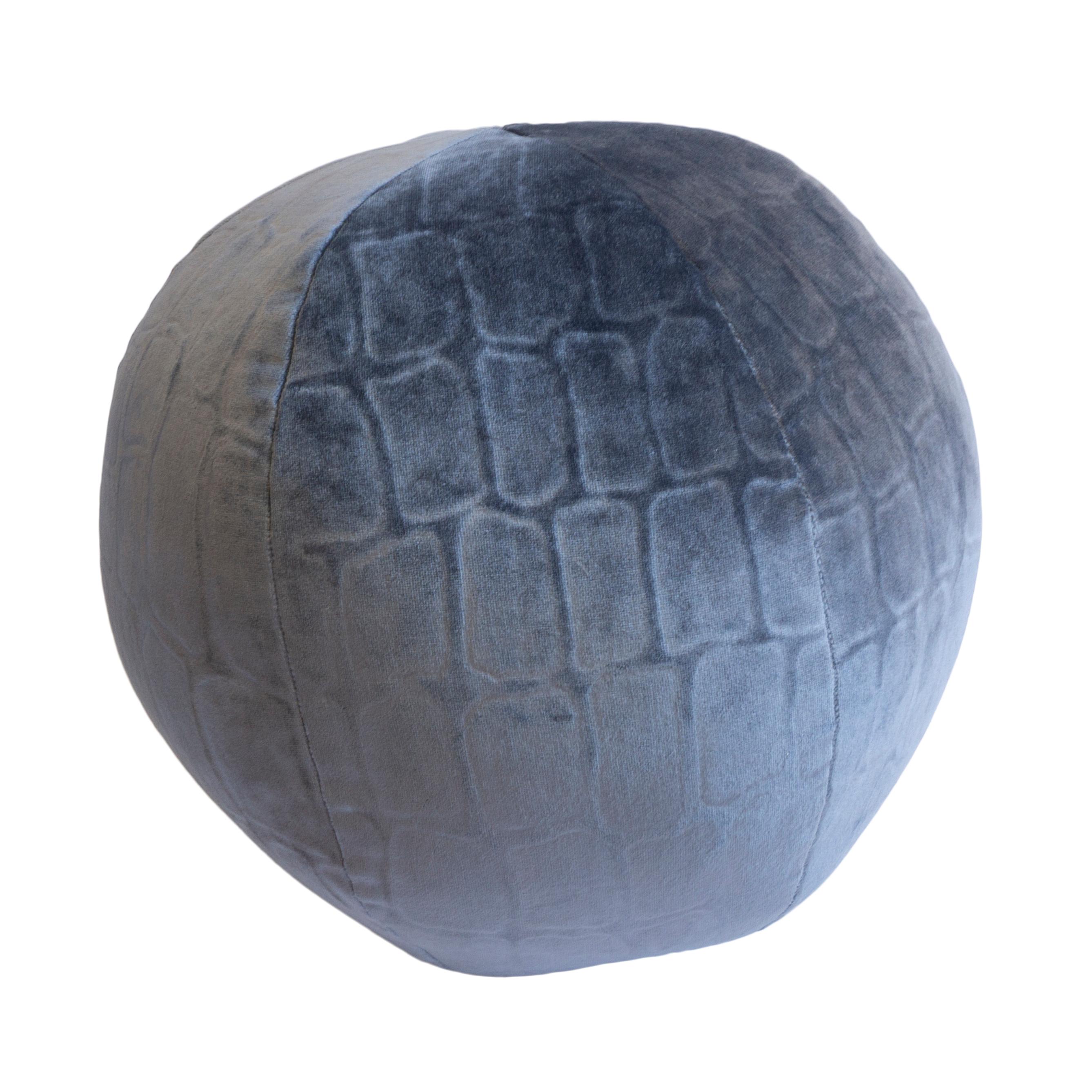 Round Velvet Ball Pillow Blue Embossed Caiman Velvet In Excellent Condition For Sale In Greenwich, CT