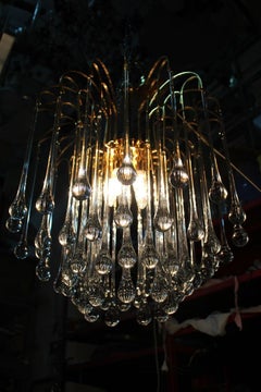 Round Venini Style Big Drops Gold Structure Chandelier Italian Design, 1960s