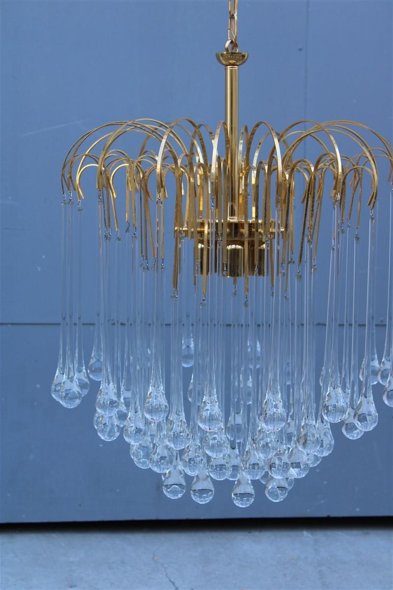 Mid-Century Modern Round Venini Style Big Drops Gold Structure Chandelier Italian Design, 1960s For Sale