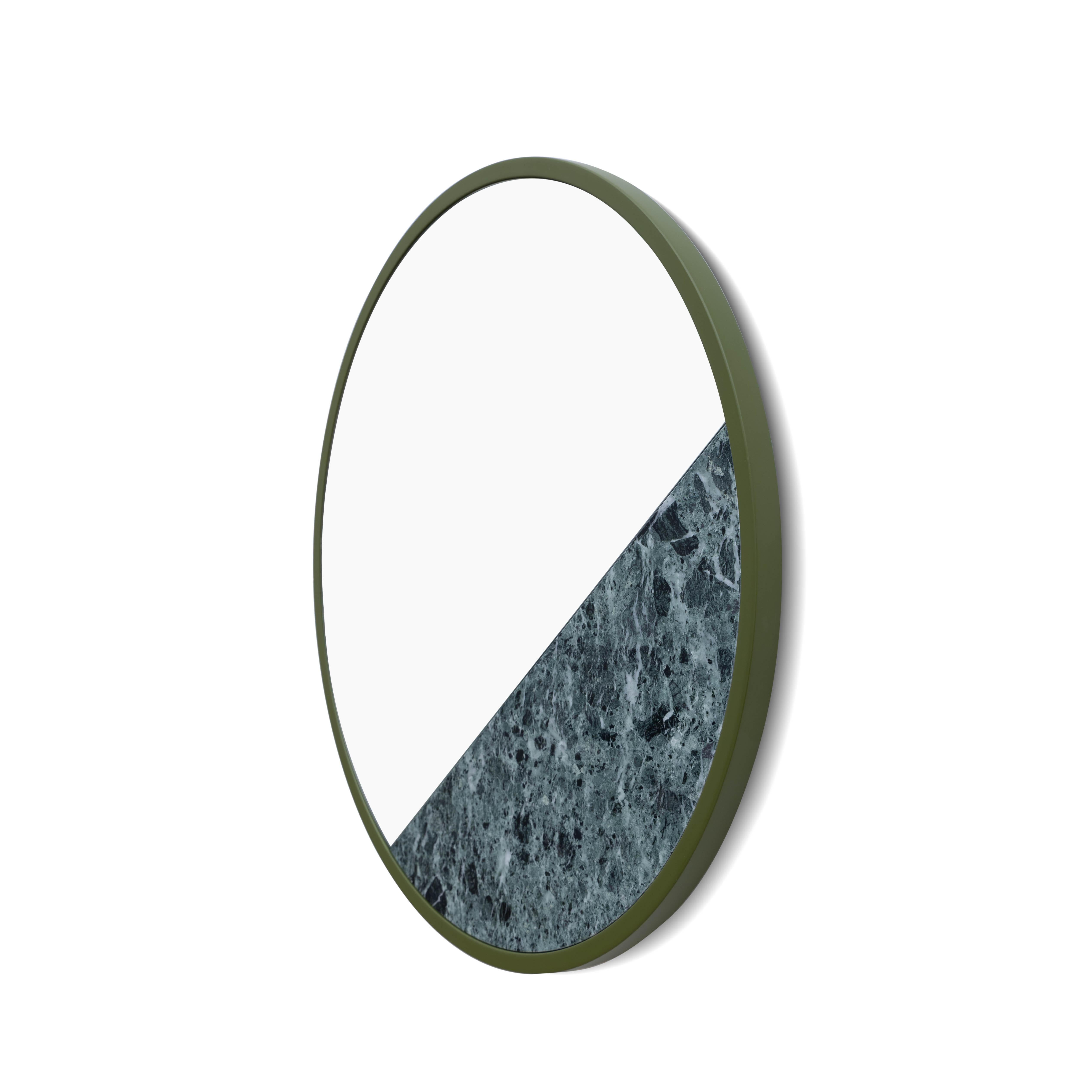 Modern Round Verde Alpi Marble Mirror, Handmade in Italy, Wooden Frame For Sale