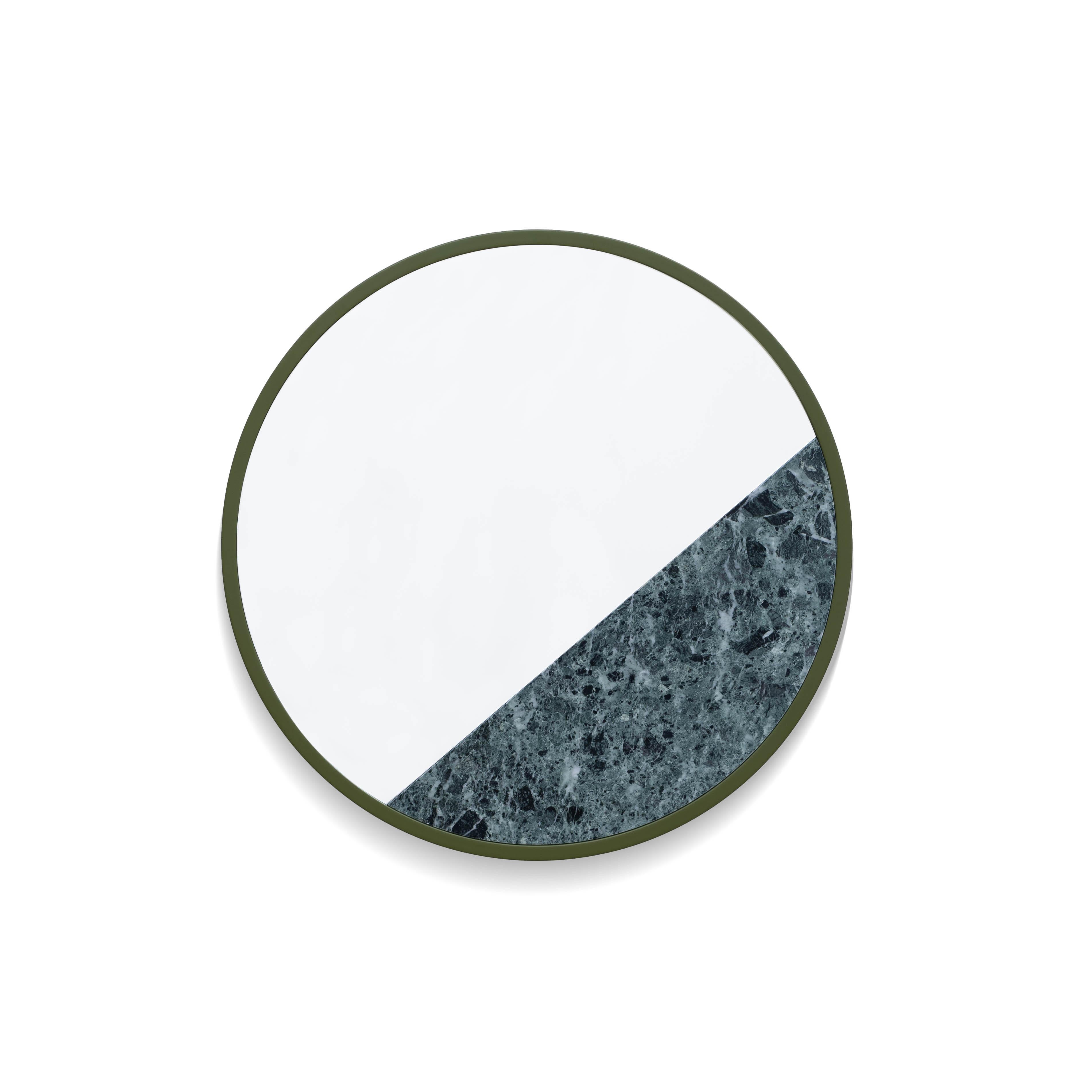 Italian Round Verde Alpi Marble Mirror, Handmade in Italy, Wooden Frame For Sale