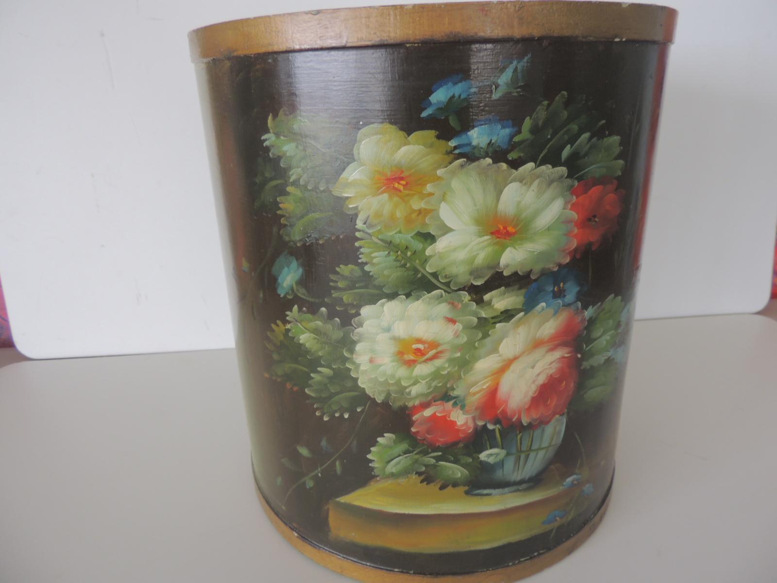 Asian Round Victorian Style Floral Wastebasket