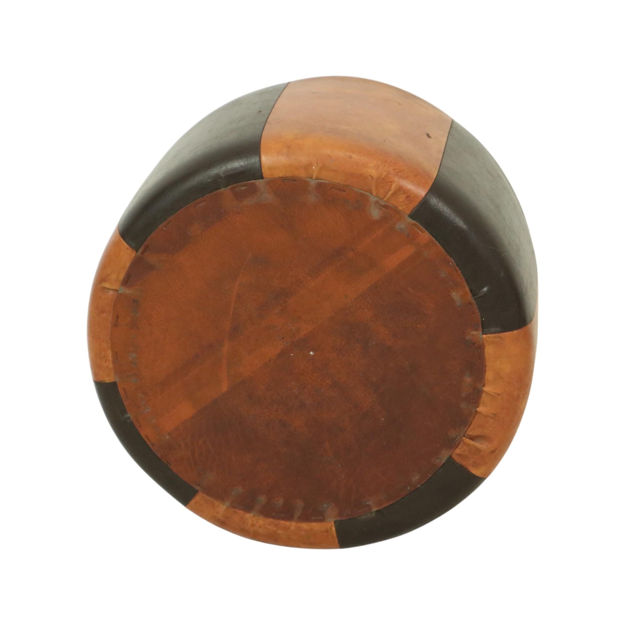 Round Vintage Brown Pouf Two-Tone Skai Leather Sixties For Sale 4