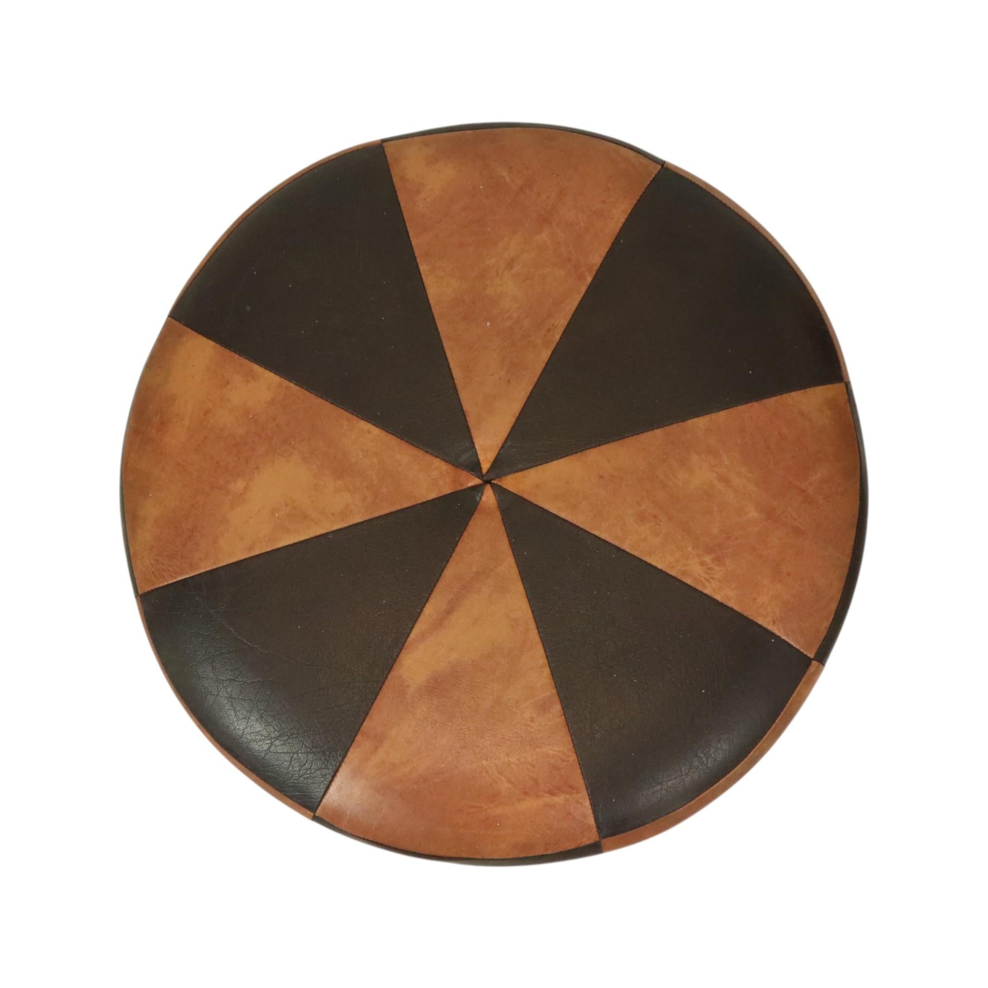 Patchwork Round Vintage Brown Pouf Two-Tone Skai Leather Sixties For Sale