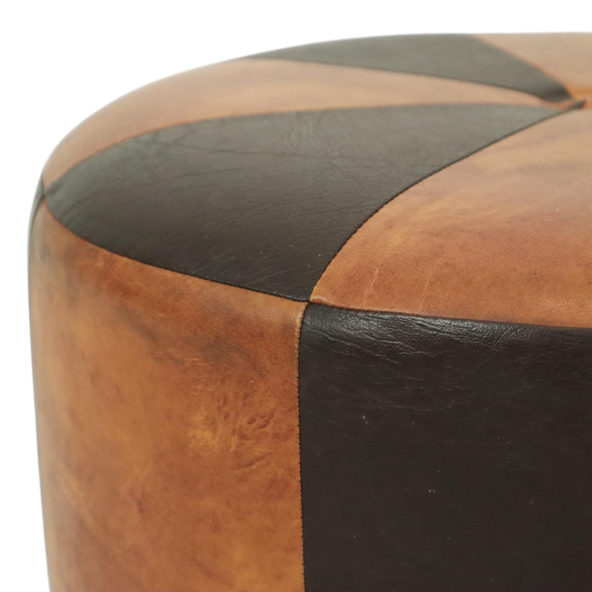 20th Century Round Vintage Brown Pouf Two-Tone Skai Leather Sixties For Sale