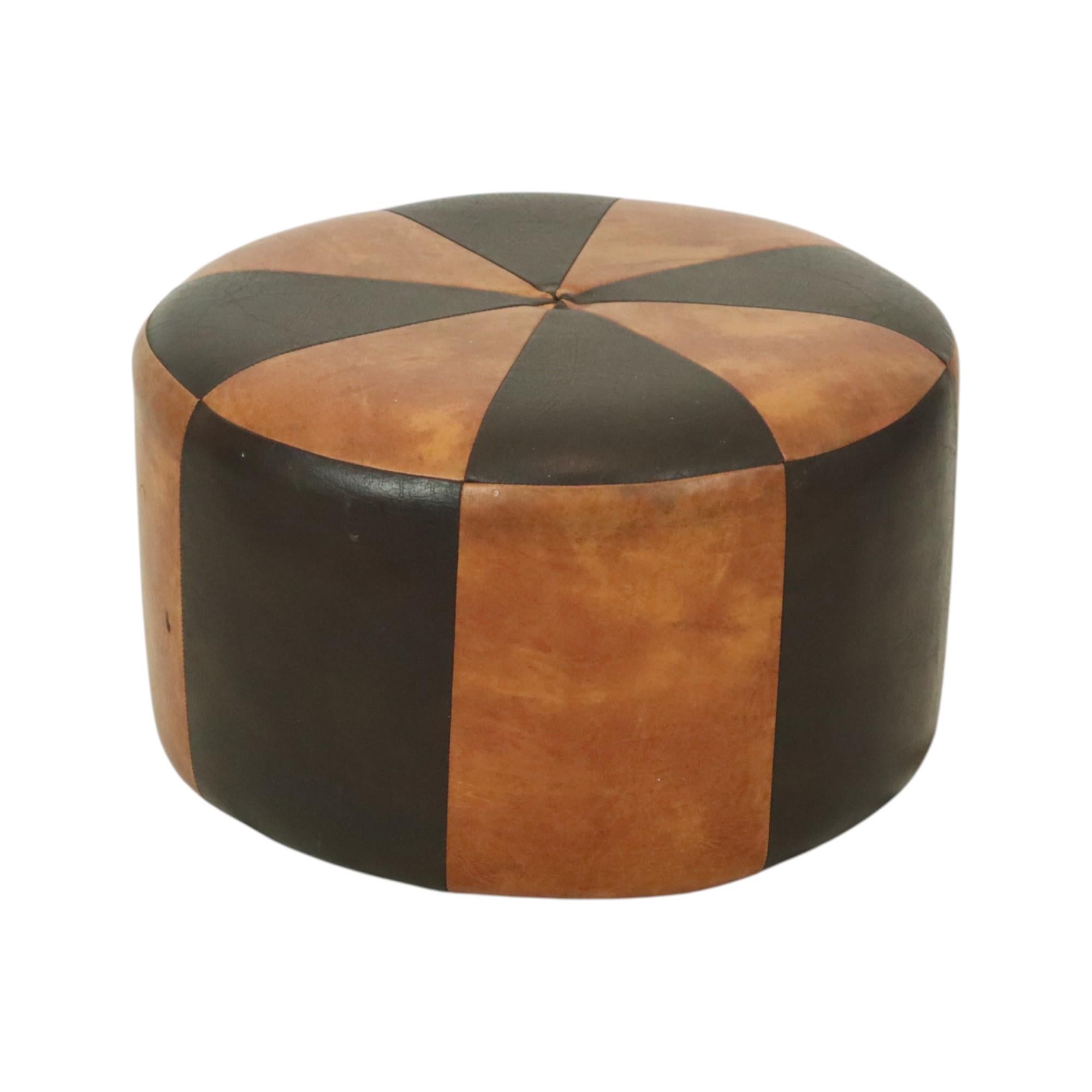 Faux Leather Round Vintage Brown Pouf Two-Tone Skai Leather Sixties For Sale