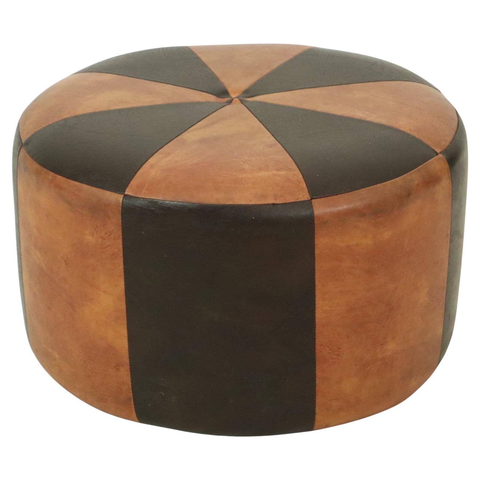 Round Vintage Brown Pouf Two-Tone Skai Leather Sixties