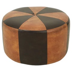 Round Vintage Brown Pouf Two-Tone Skai Leather Sixties