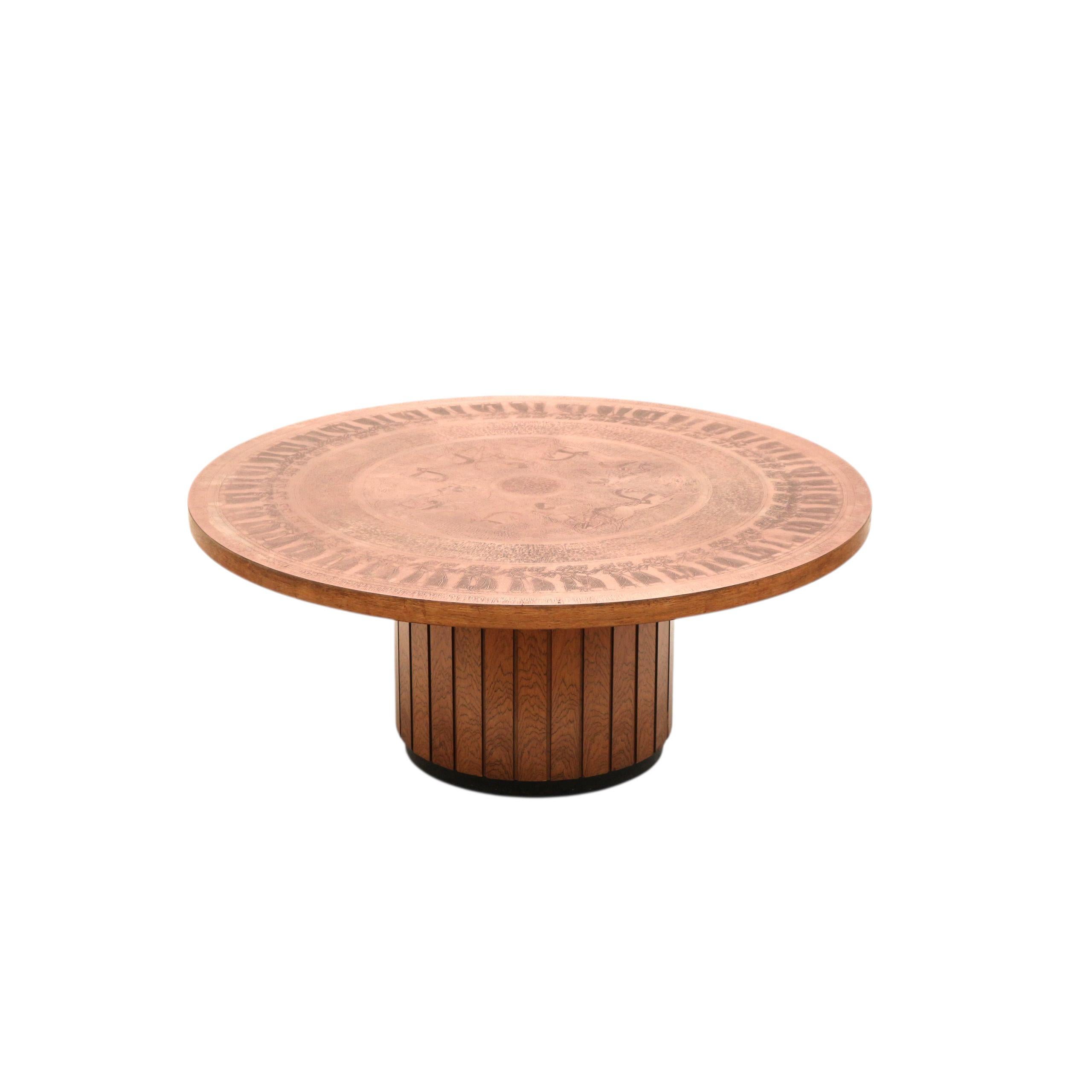 Round vintage Brutalist coffee table by VAD Trævarefabrik with a copper top.

This powerful coffee table by VAD Trævarefabrik is an impressive example of Brutalist design. Its robust shapes and raw aesthetic are beautifully complemented by the