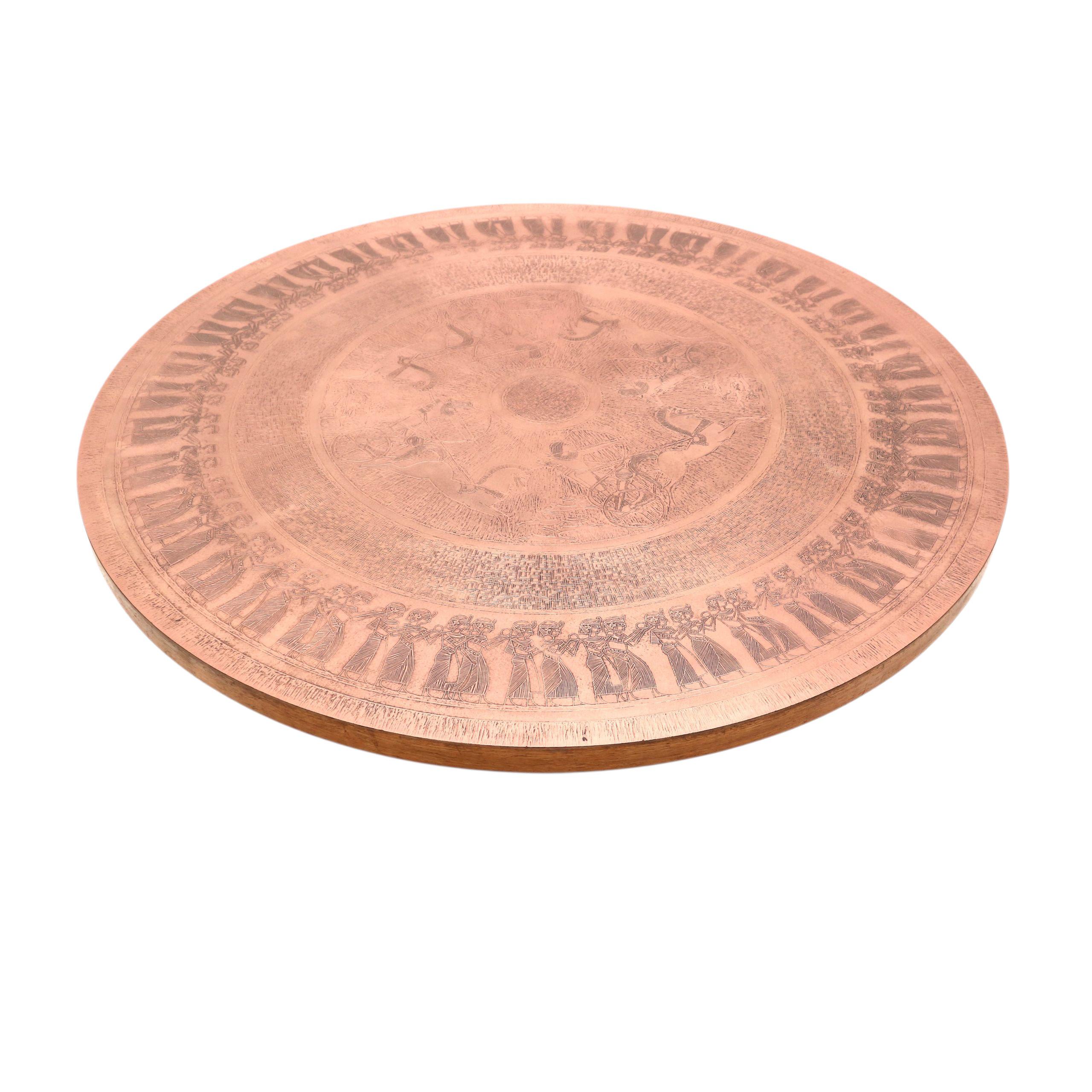 Late 20th Century Round vintage Brutalist coffee table by VAD Trævarefabrik with a copper top For Sale