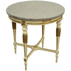 Round Vintage French Louis XVI Marble Granite Top Bouillotte Lamp Side Table