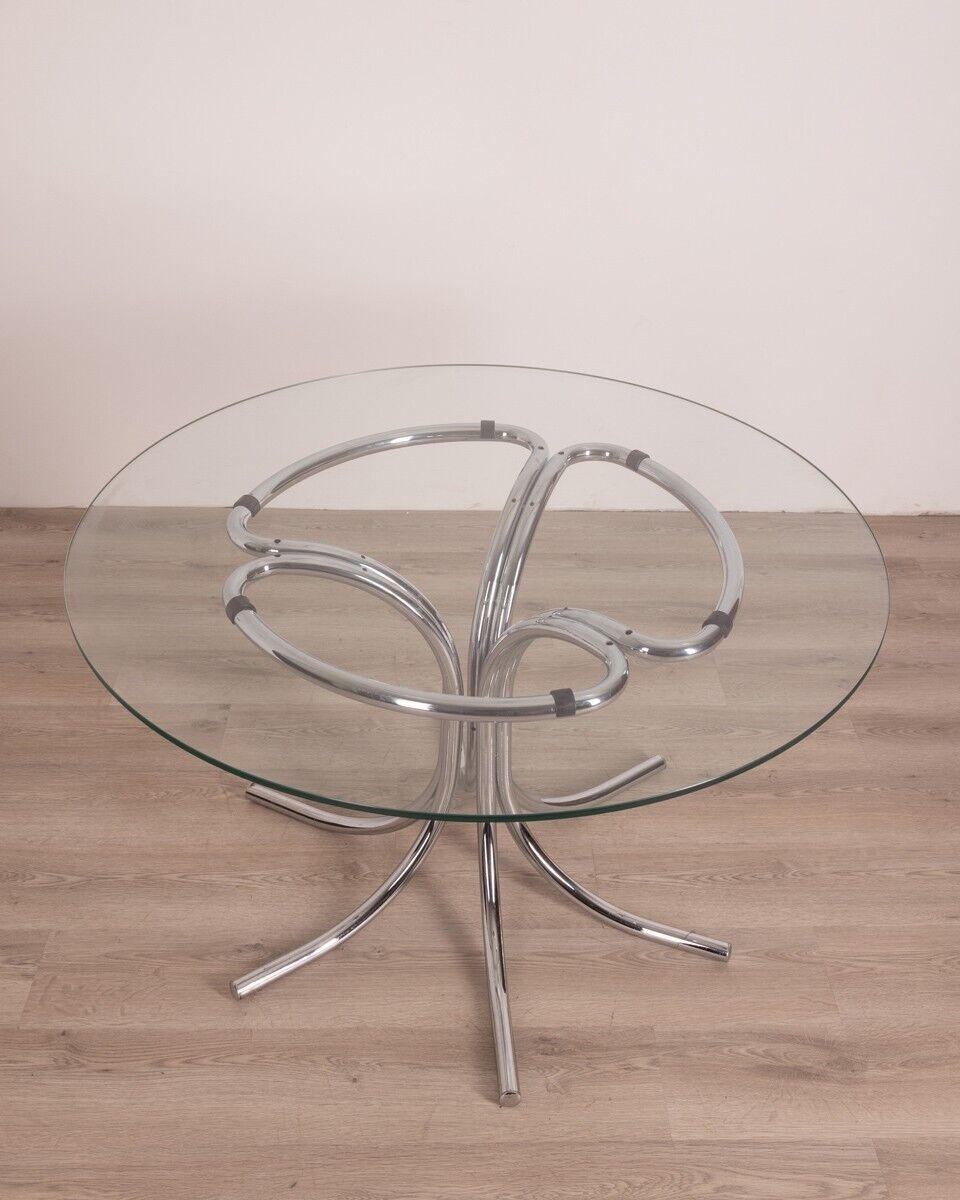 Metal Round Vintage Glass Table 1970s Italian Design For Sale