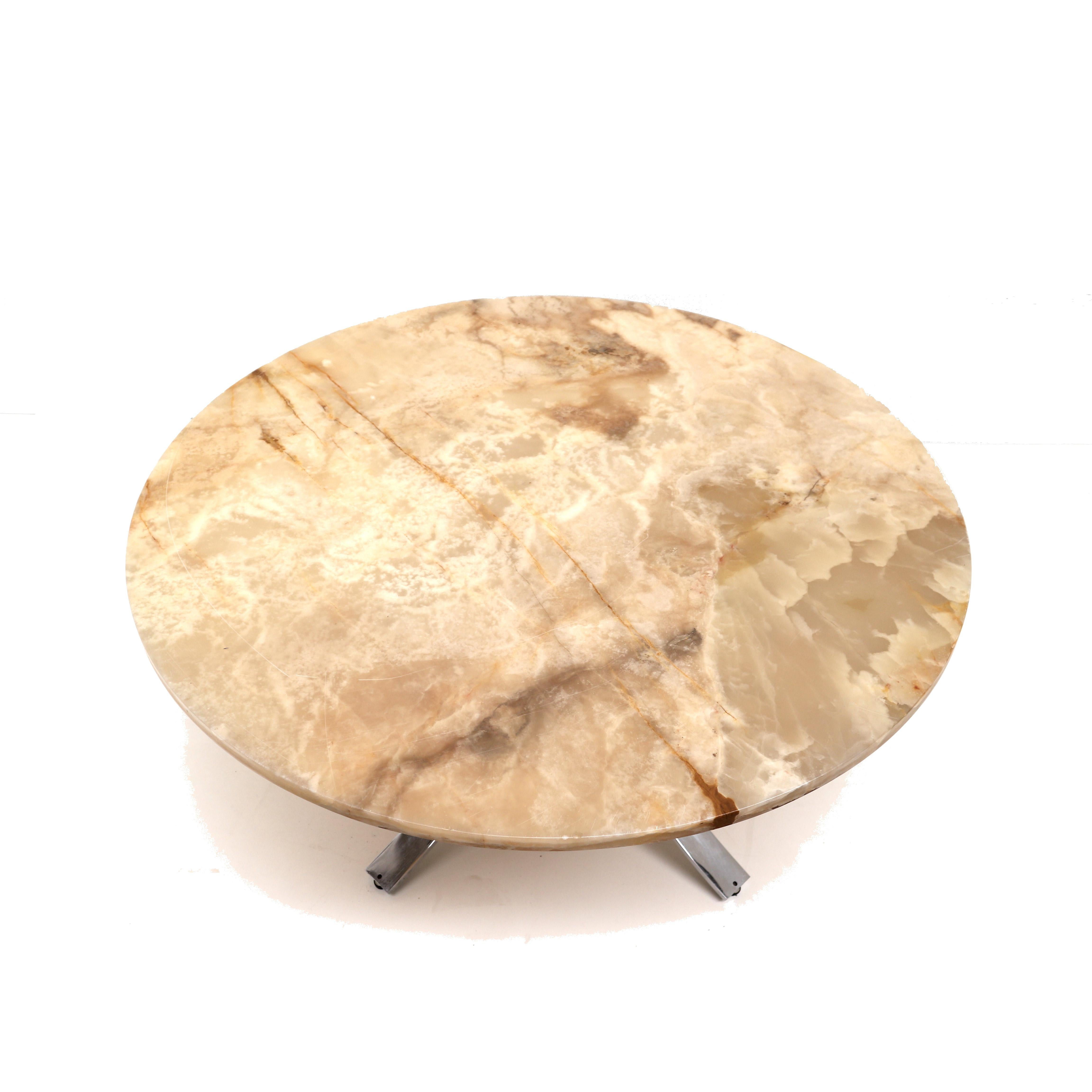 Fin du 20e siècle Table basse ronde vintage en onyx avec base chromée des années 70 en vente