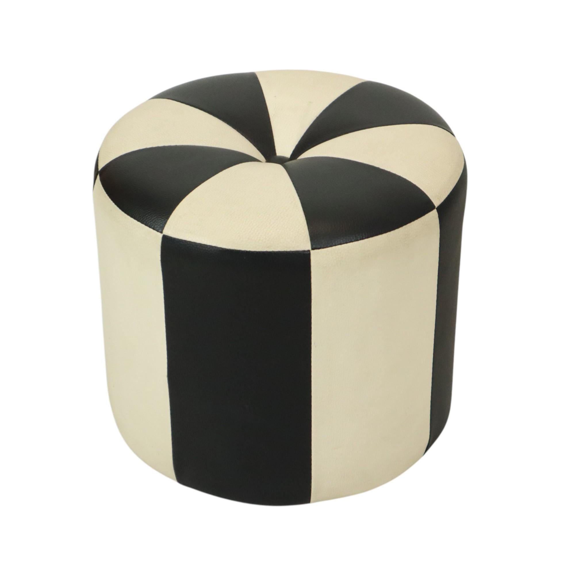 Belgian Round Vintage Pouf Black White Two-Tone Skai Sixties For Sale