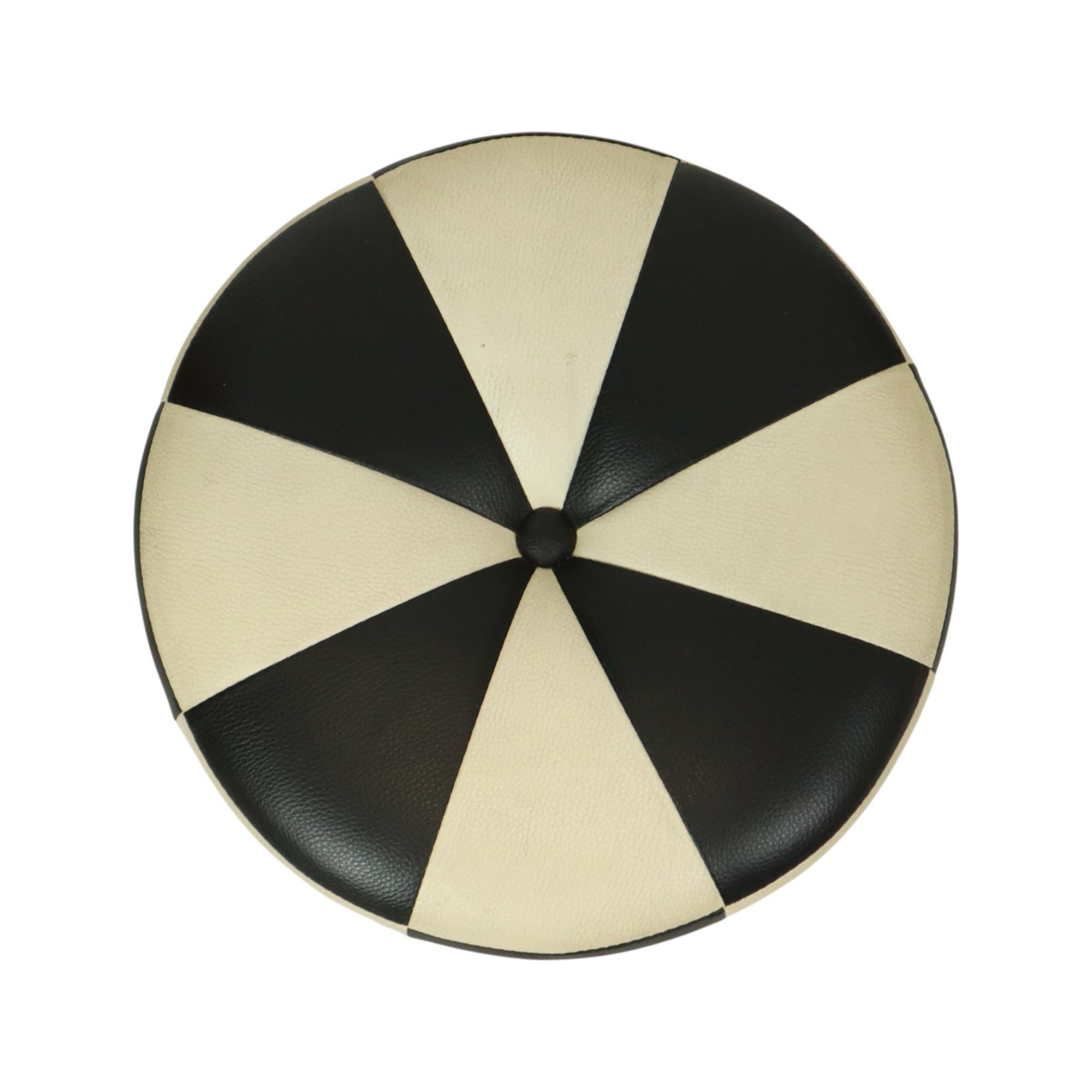 Patchwork Round Vintage Pouf Black White Two-Tone Skai Sixties For Sale