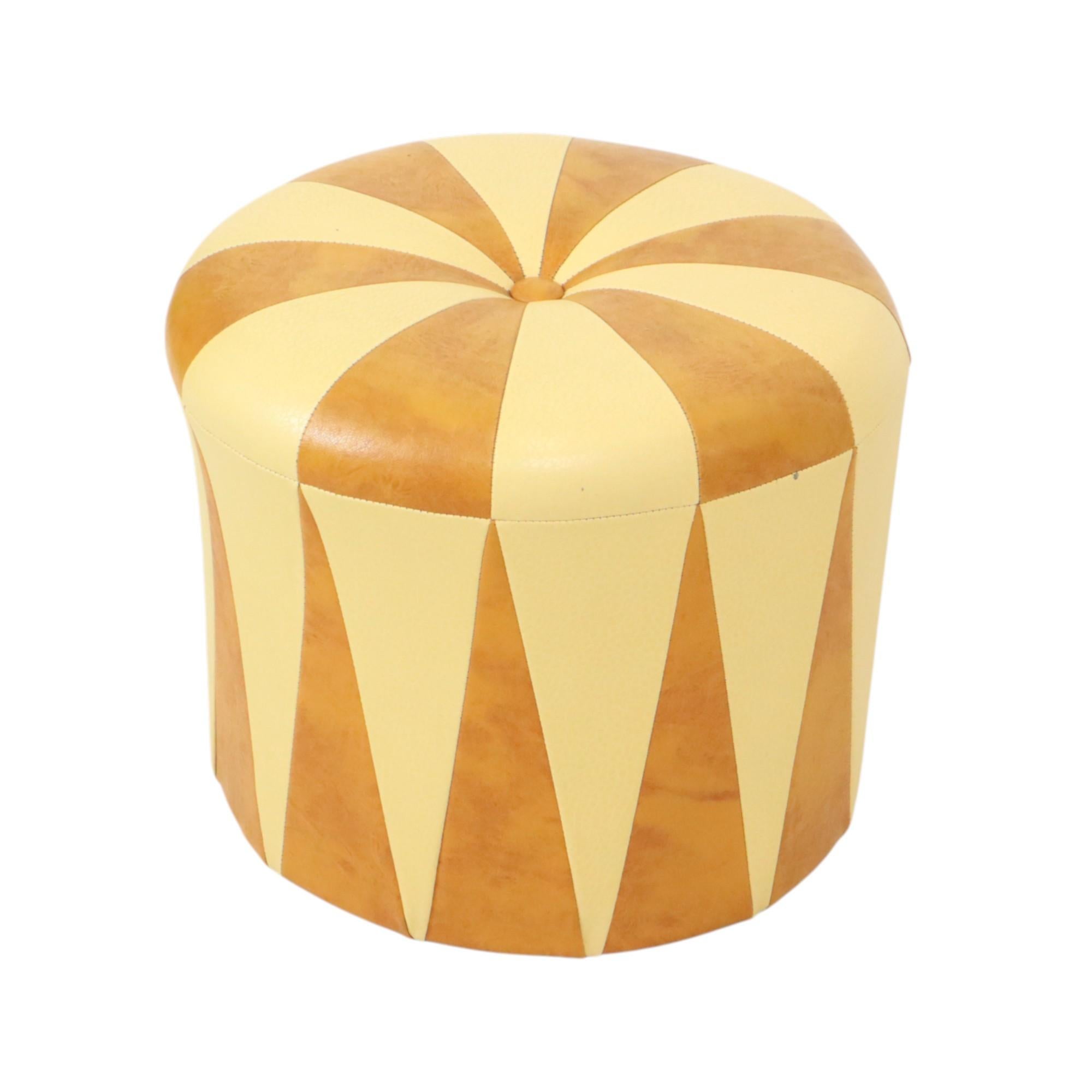 Belgian Round Vintage Pouf Brown Beige Two-tone Skai Sixties For Sale