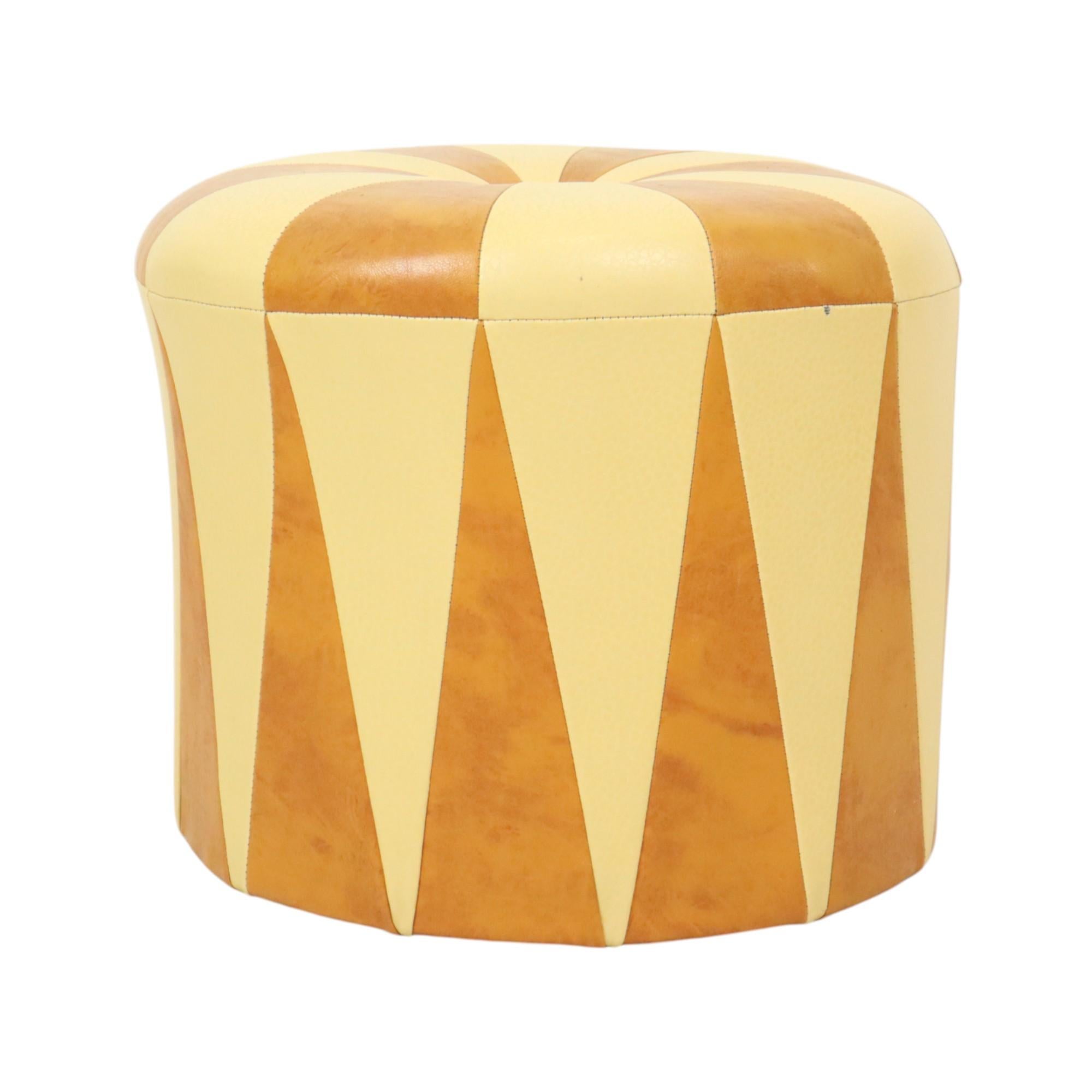 Patchwork Round Vintage Pouf Brown Beige Two-tone Skai Sixties For Sale