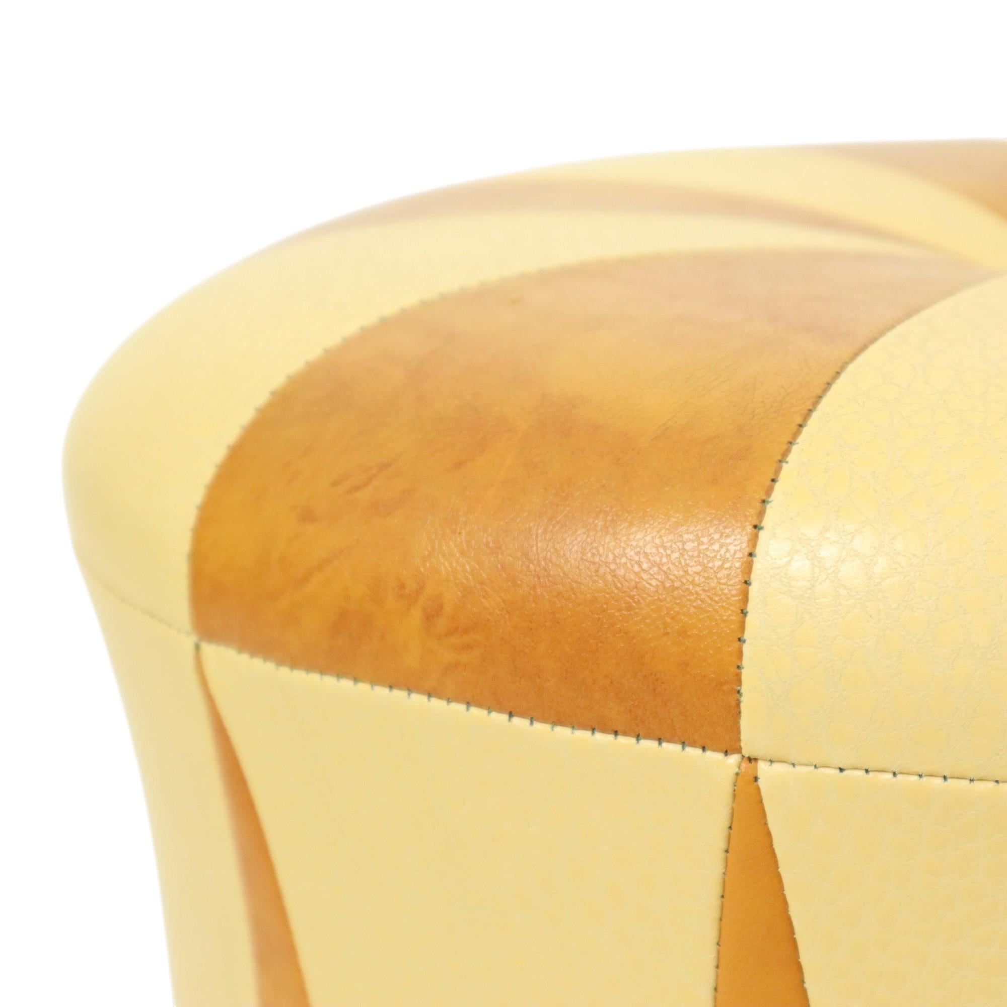 Faux Leather Round Vintage Pouf Brown Beige Two-tone Skai Sixties For Sale